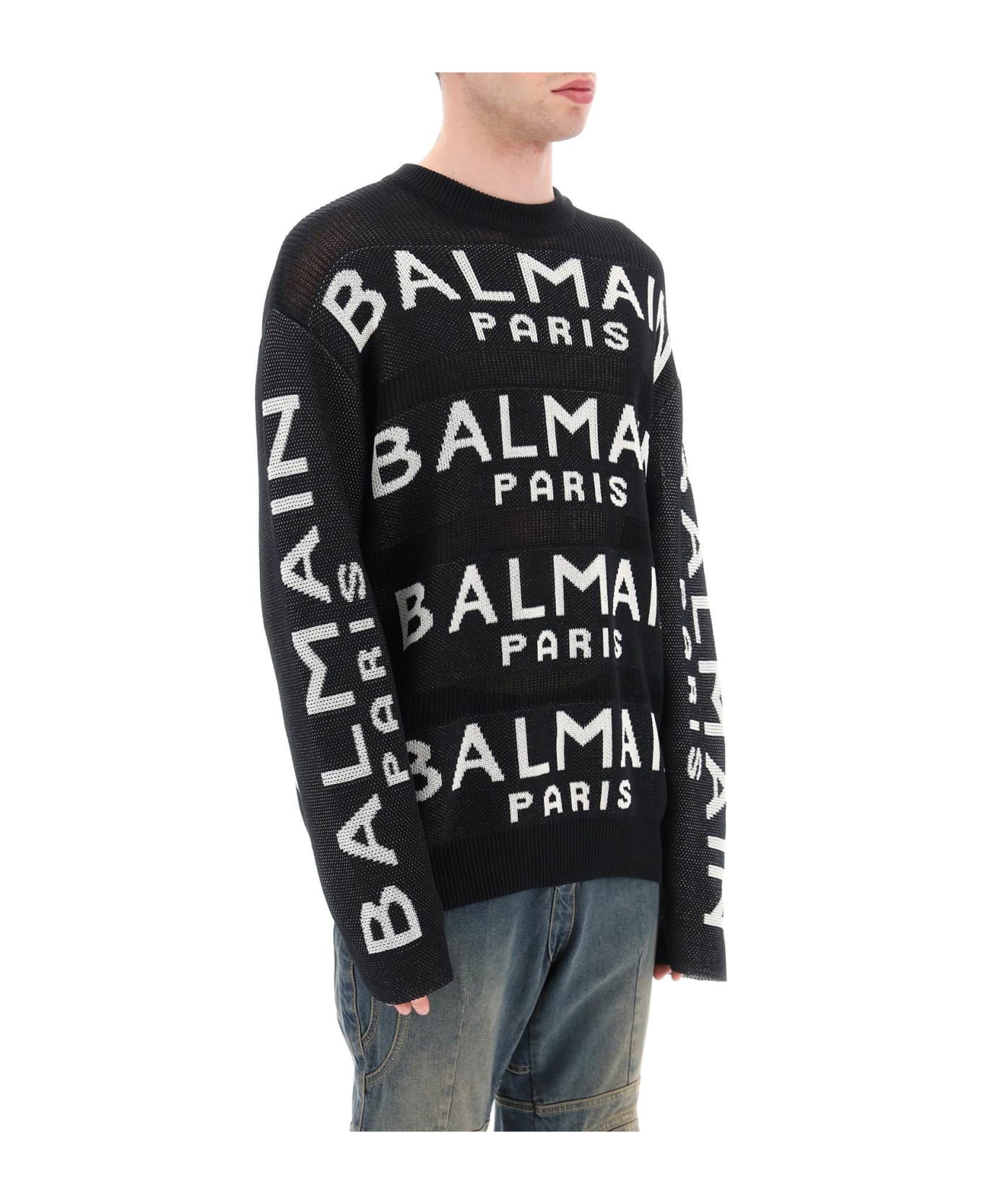 Balmain Cotton Pullover With All-over Logo - Noir/blanc