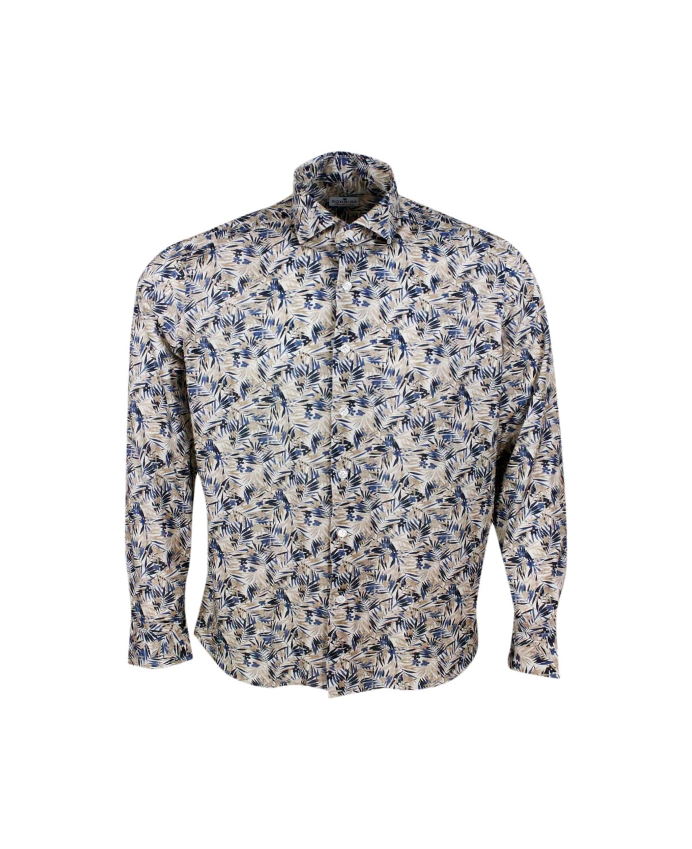 Sonrisa Luxury Shirt In Soft, Precious And Very Fine Stretch Cotton Flower With Spread Collar In Fern Print - Beige