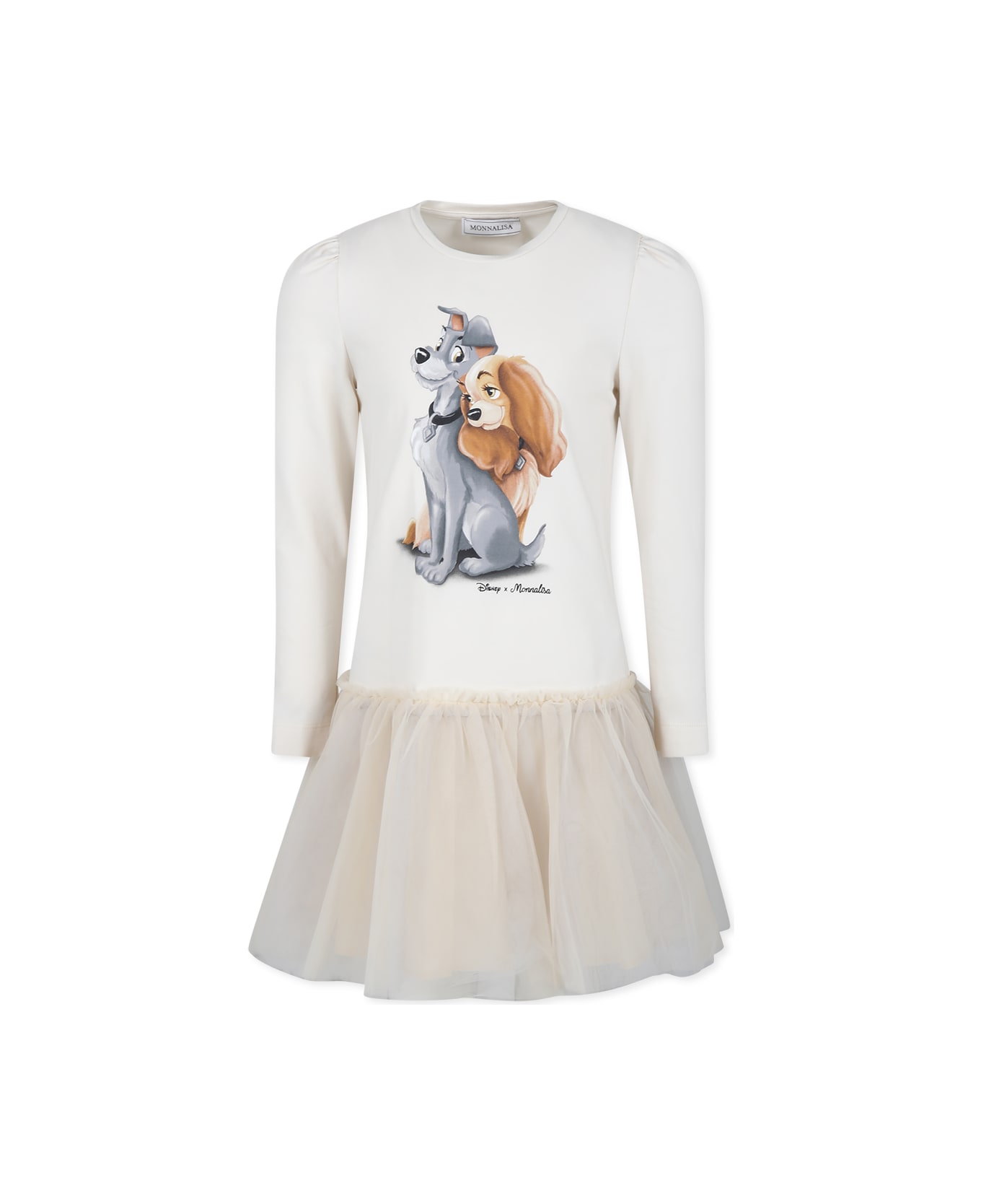 Monnalisa Ivory Dress For Girl With Lady And The Tramp Print - Cream