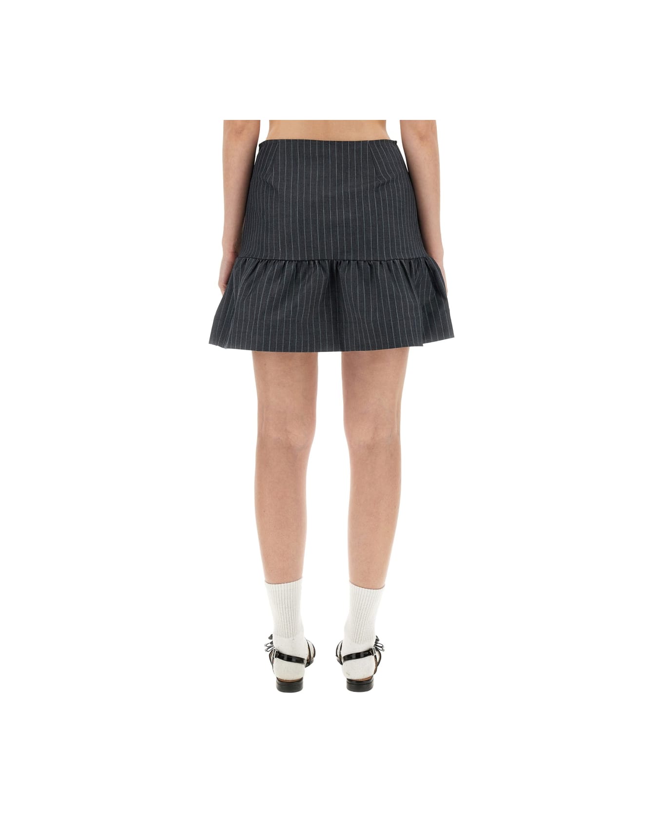 Ganni Flounced Mini Skirt - GRAY PINSTRIPE