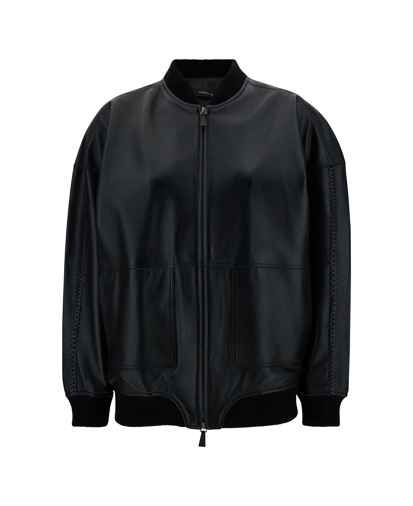 Federica Tosi Black Bomber Jacket With Ribbed Trim In Leather Woman - Black