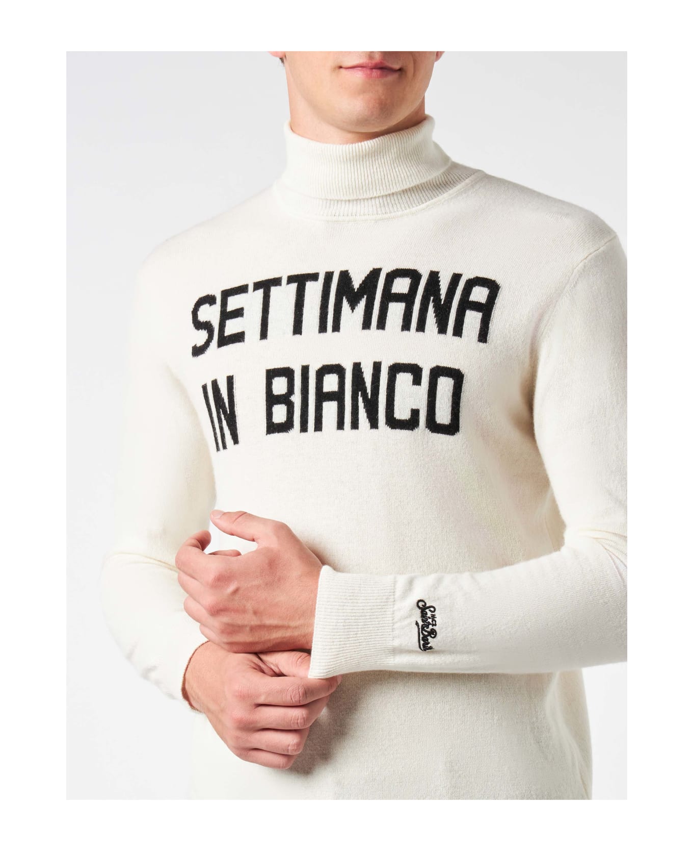MC2 Saint Barth Man Turtleneck Sweater With Settimana In Bianco Jacquard - WHITE