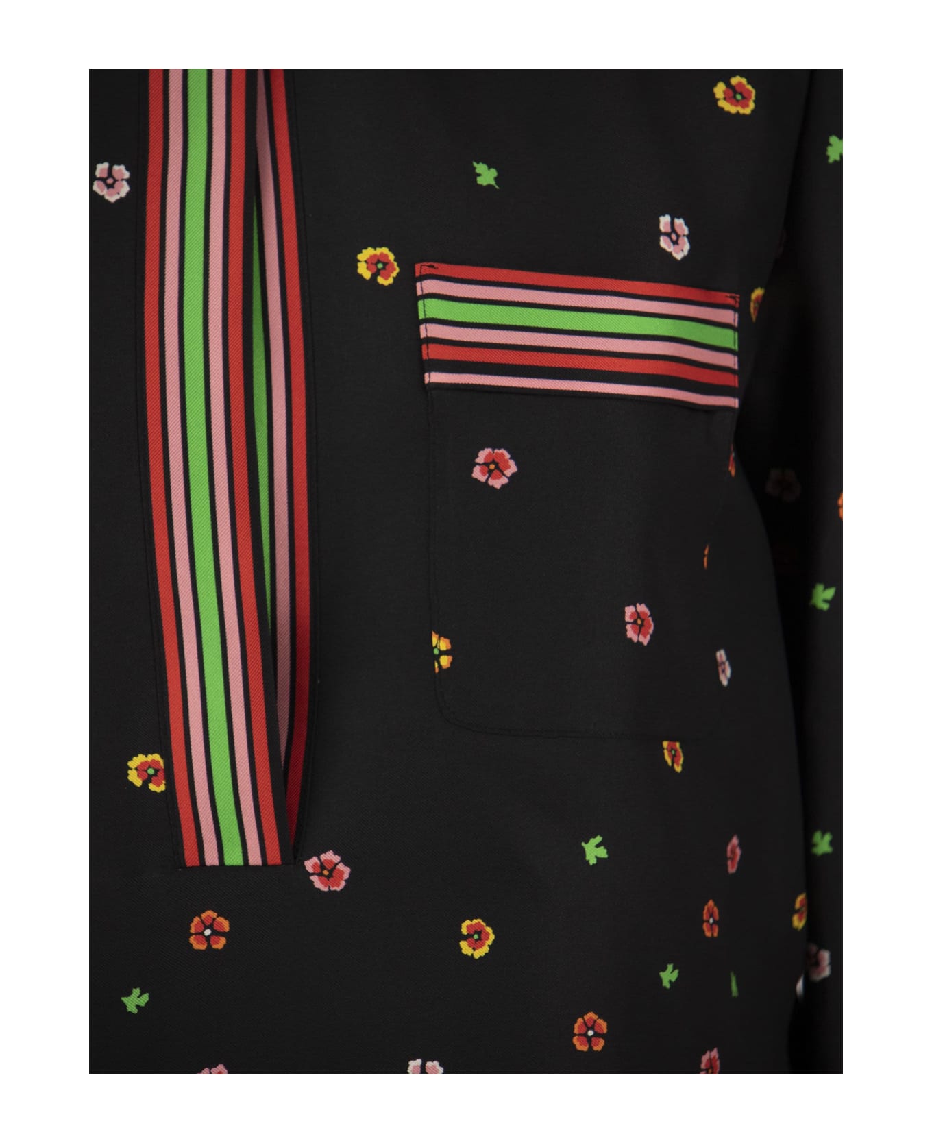 RED Valentino Printed Silk Top Flowers And Stripes - Black