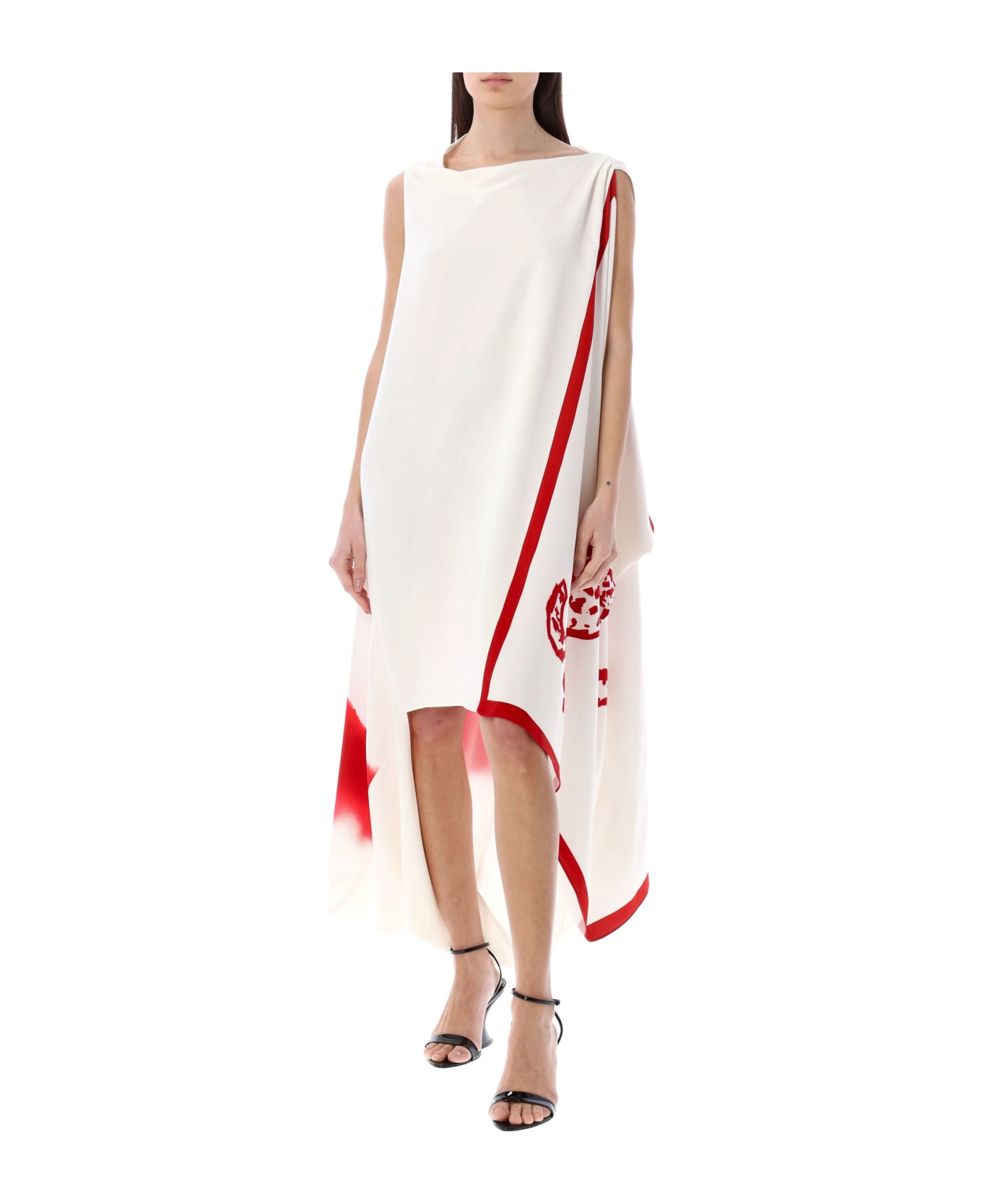 Ferragamo Asymmetric Printed Dress - WHITE RED