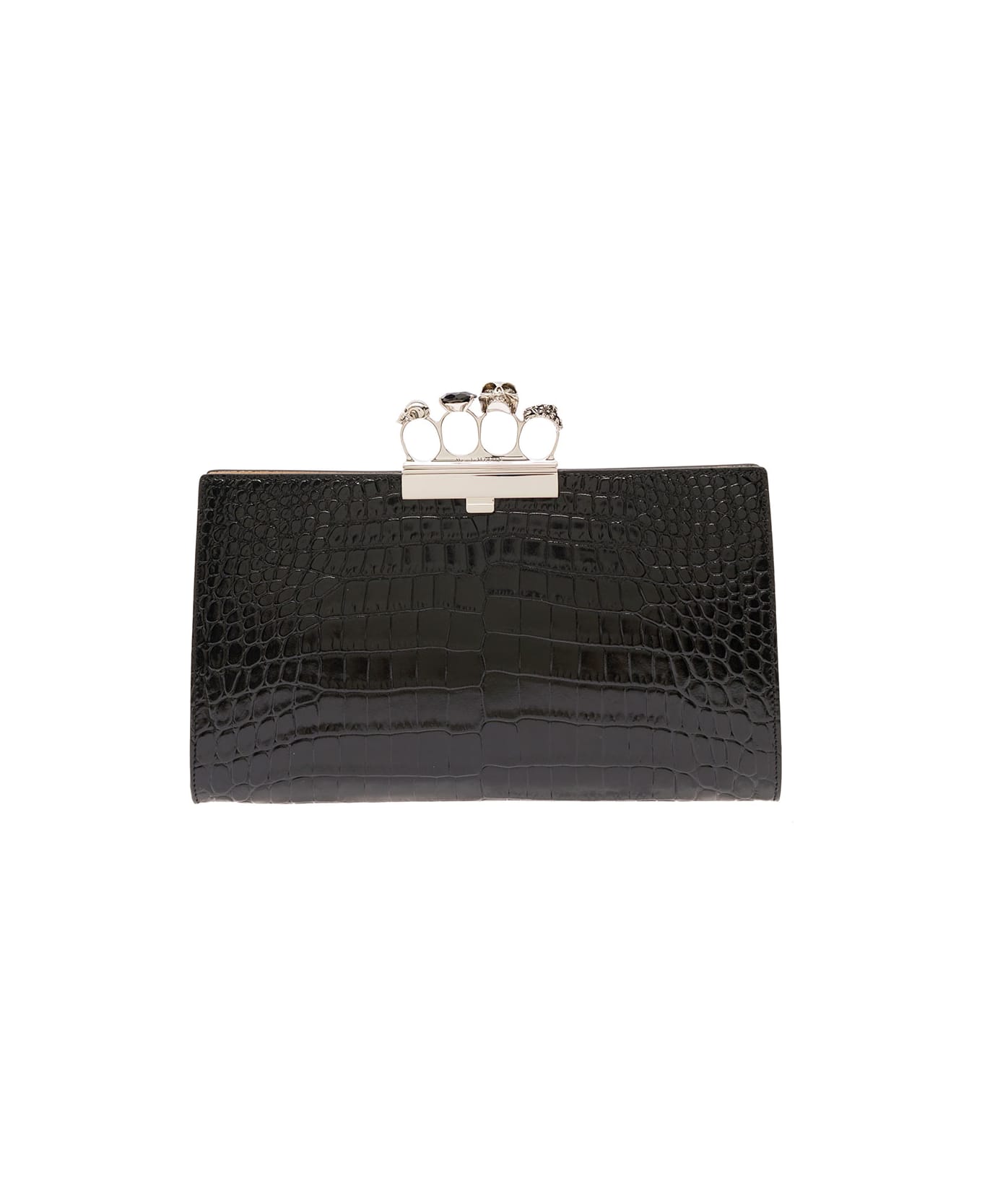 Alexander McQueen Black Crocodile Printed Leather Handbag With Fuor Ring Detail Alexander Mcqueen Woman - Black