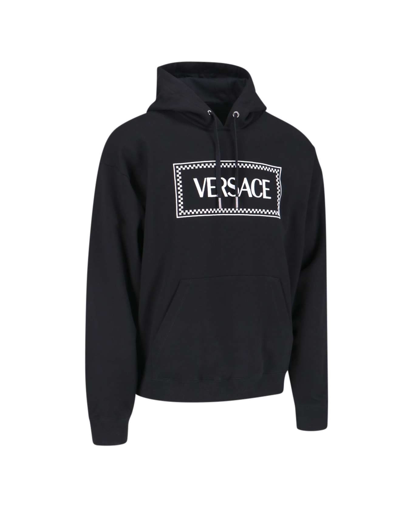 Versace Black Hoodie With Contrasting Logo Lettering Print In Cotton Man - Black フリース