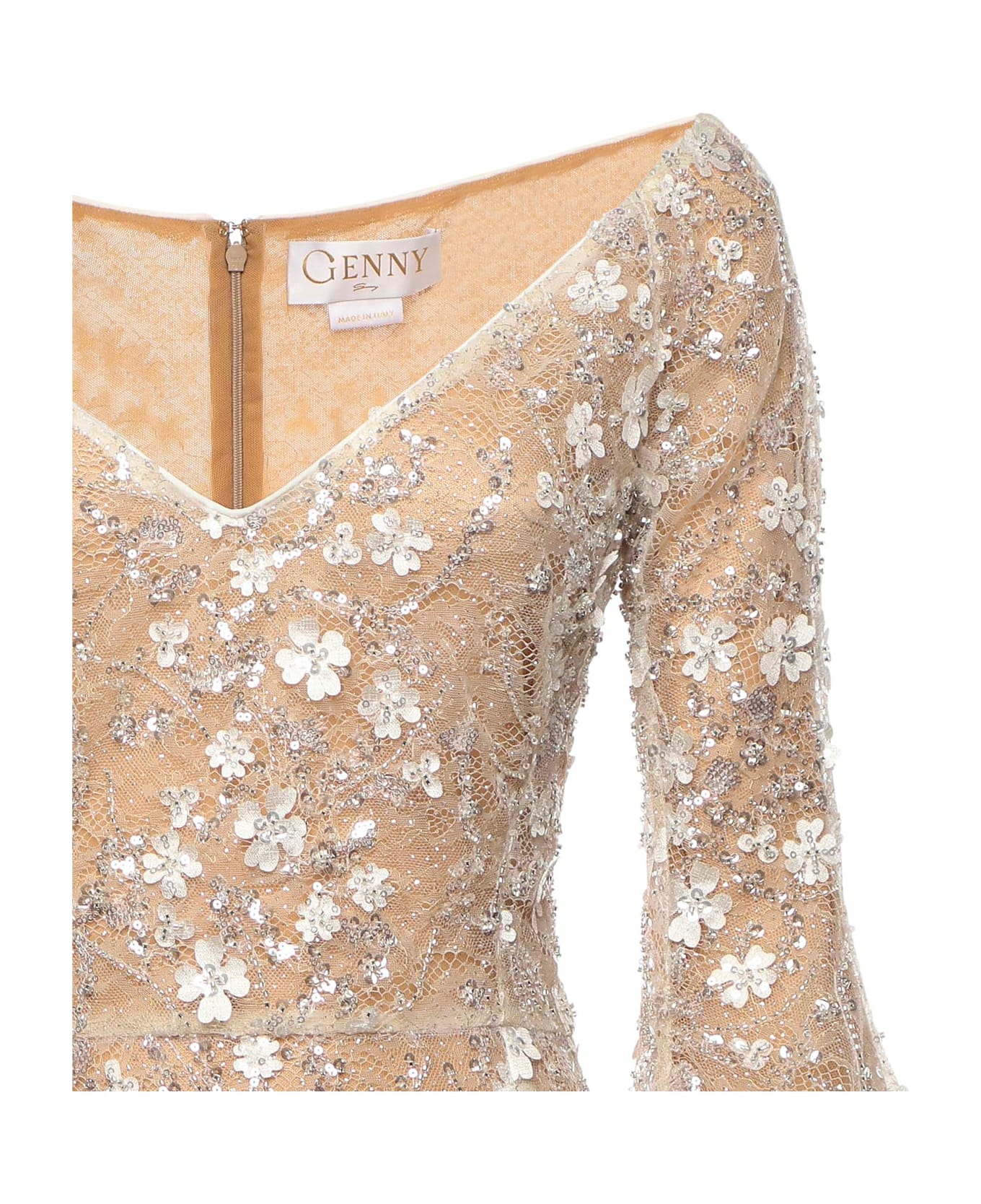 Genny Long Lace Dress With 3d Flowers - Pink