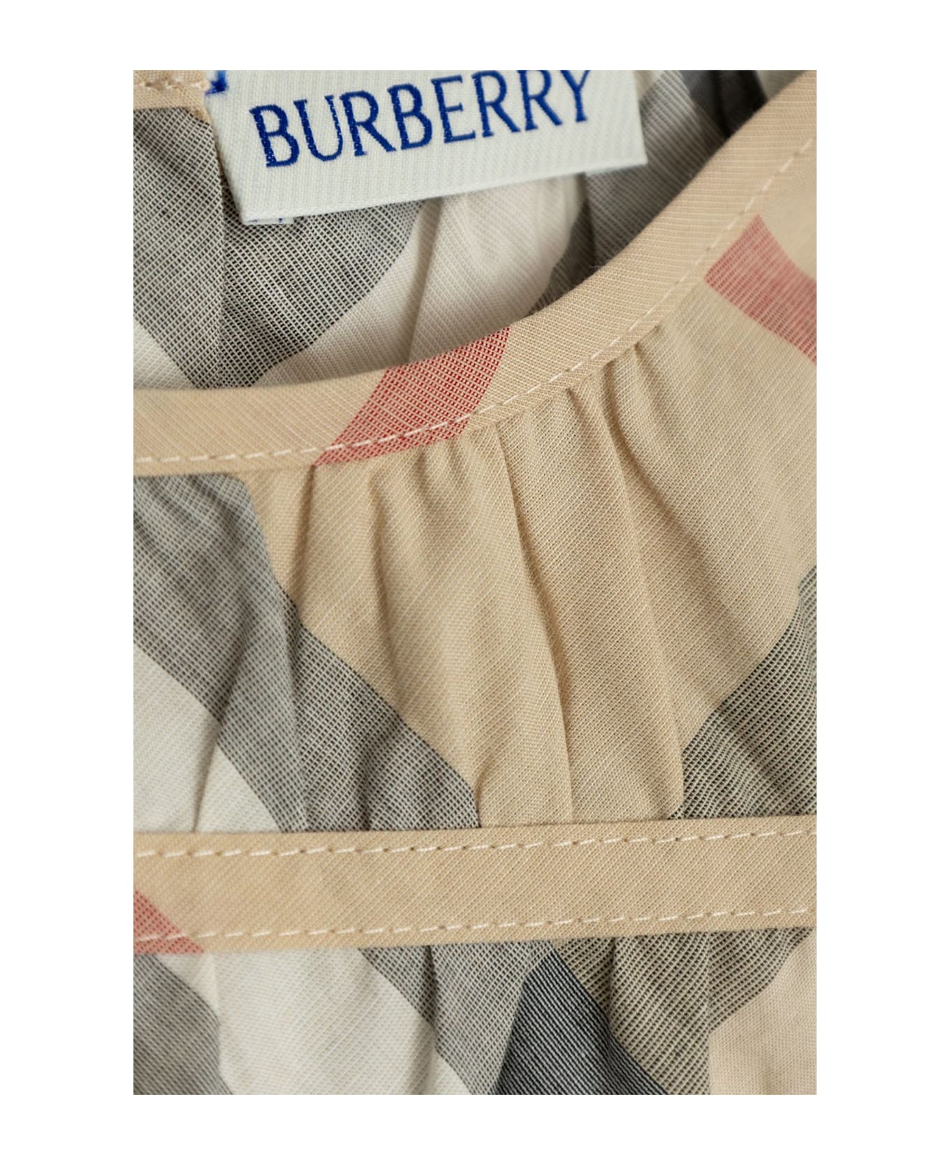 Burberry Checked Crewneck Dress - BROWN/RED