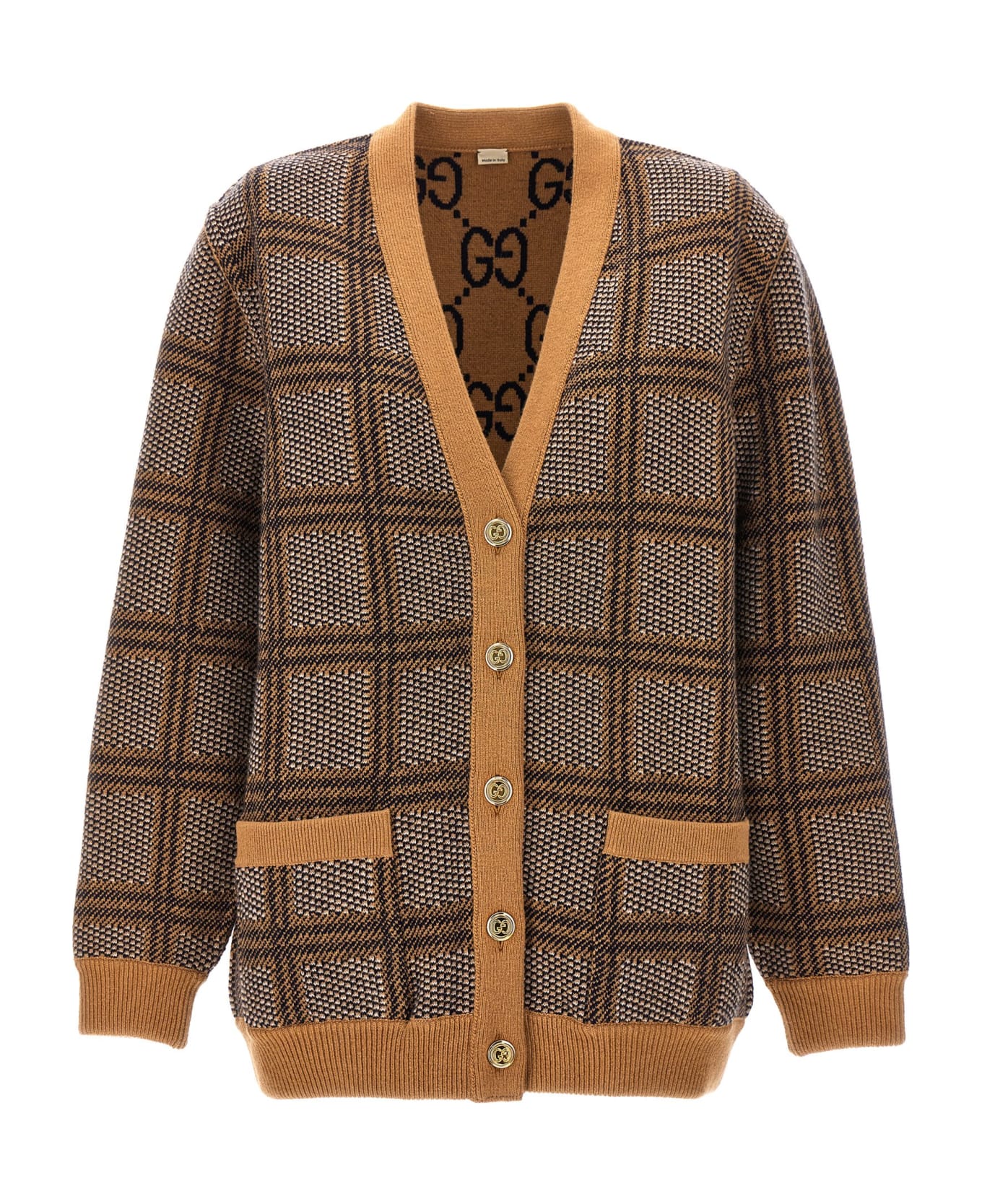Gucci Check And 'gg' Reversible Cardigan - Beige