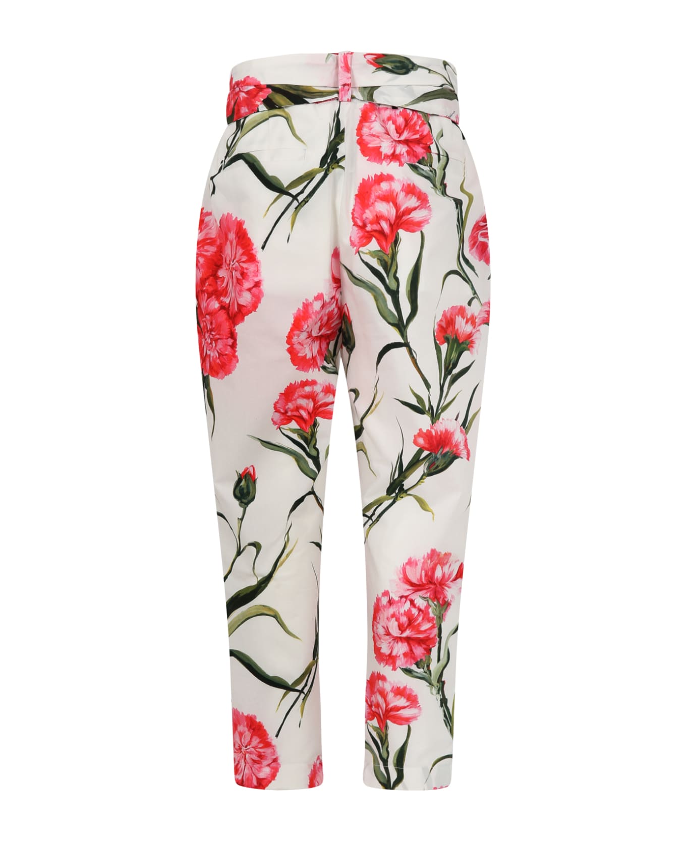 Dolce & Gabbana White Trousers For Girl With Carnation Print And Logo - White