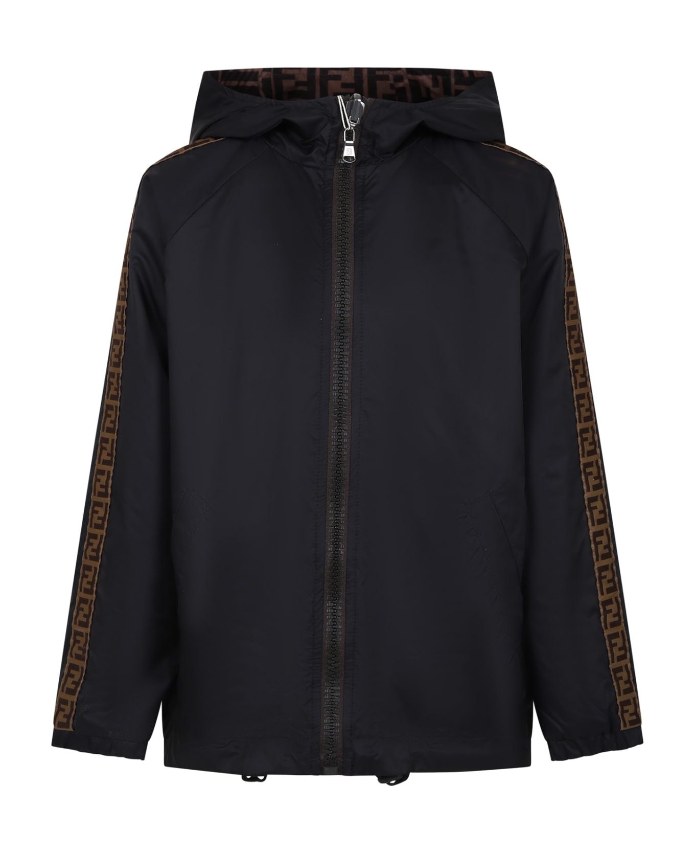 Fendi Black Reversible Raincoat For Kids With Double F - Black