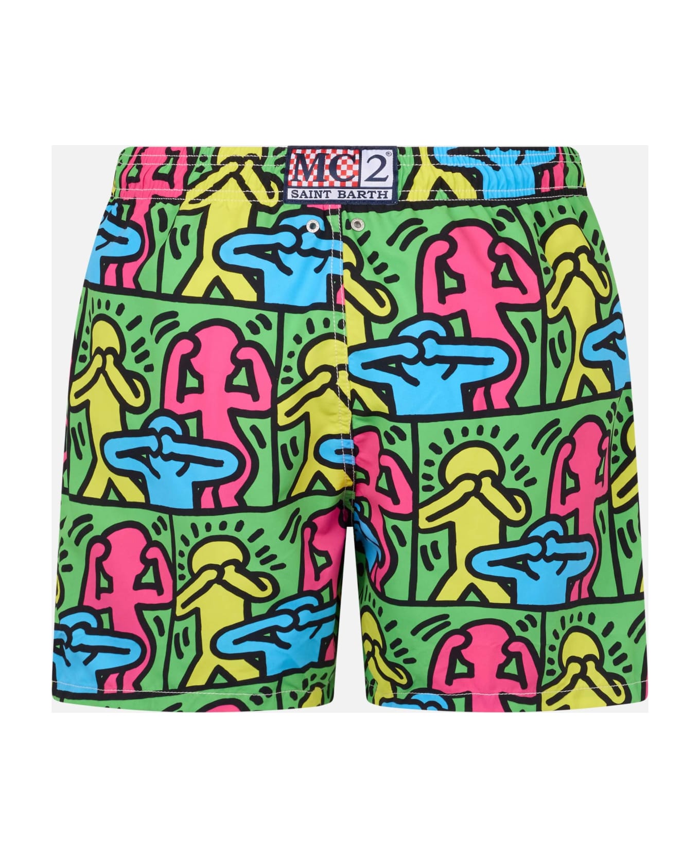 MC2 Saint Barth Man Mid-length Gustavia Swim-shorts With Keith Haring Design Placed Print| Keith Haring Special Edition - GREEN