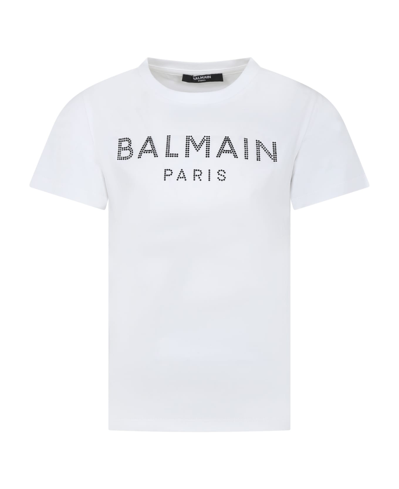 Balmain White T-shirt For Girl With Logo And Rhinestones - White/black Tシャツ＆ポロシャツ