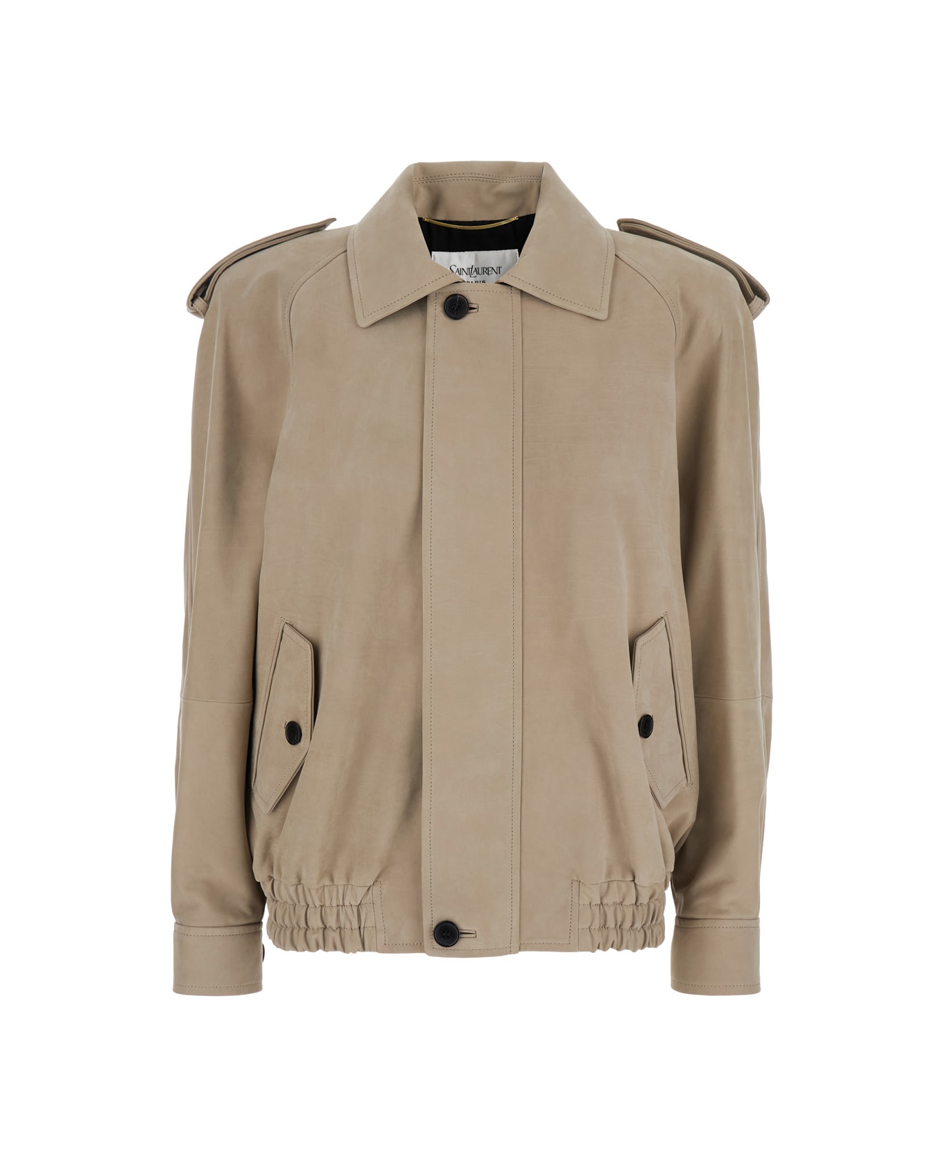 Saint Laurent Beige Bomber Jacket With Pointed Collar And Elastic Waist In Leather Woman - Beige