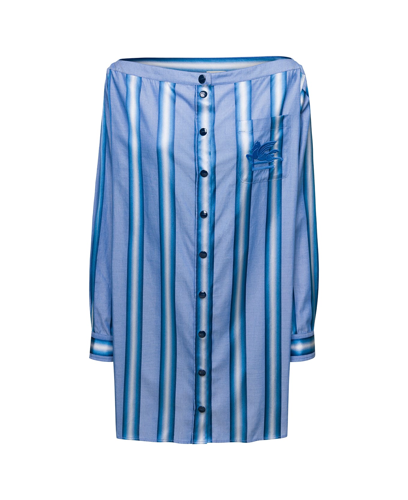 Etro Mini Light Blue Off-the-shoulders Striped Shirt Dress In Cotton And Silk Woman - Light blue