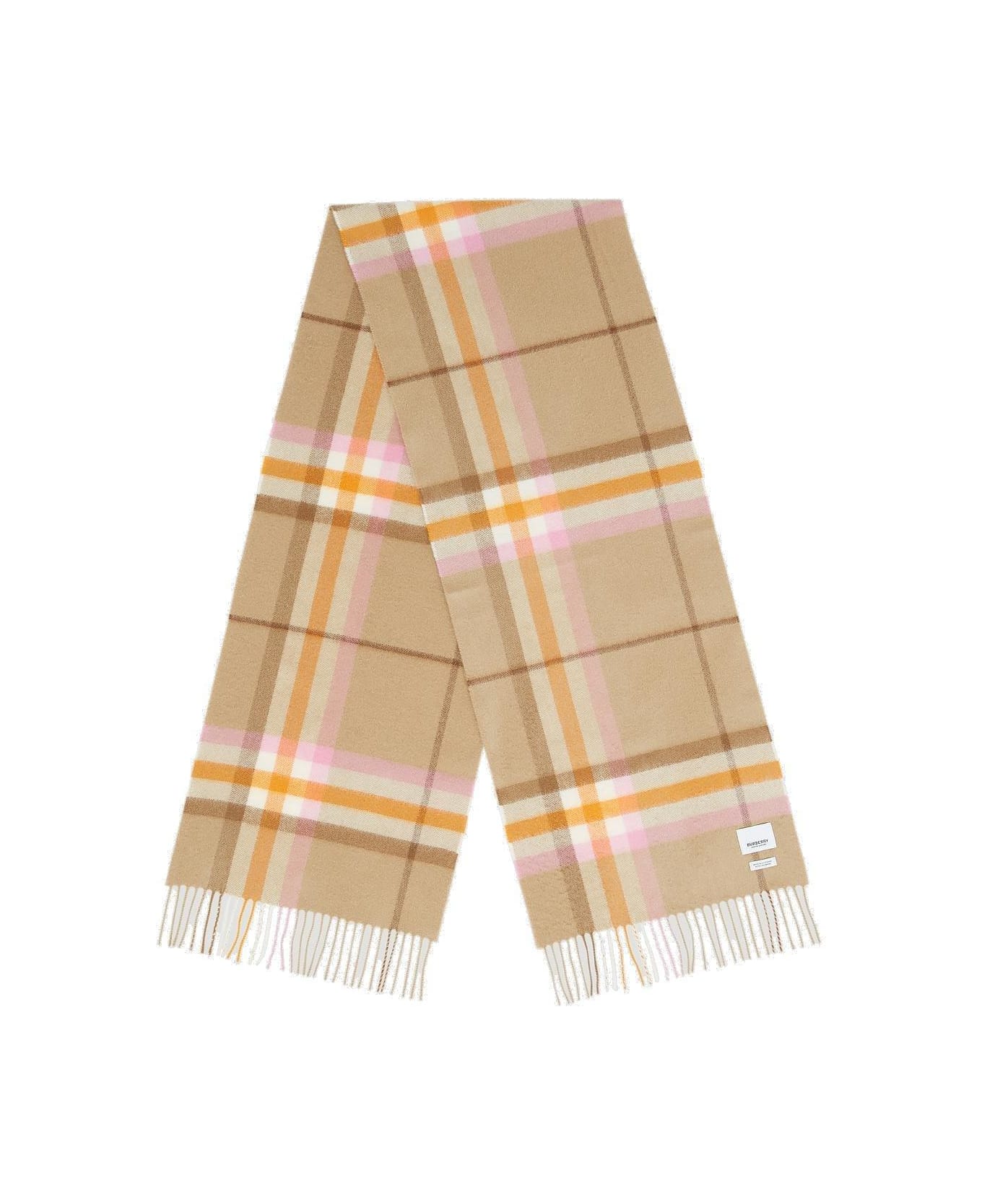 Burberry Logo Patch Checked Fringed Scarf - Beige