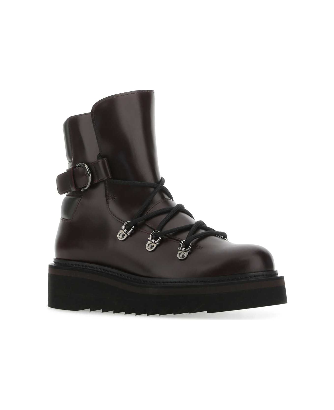 Ferragamo Aubergine Leather Elimo Ankle Boots - GANACHEBROWN