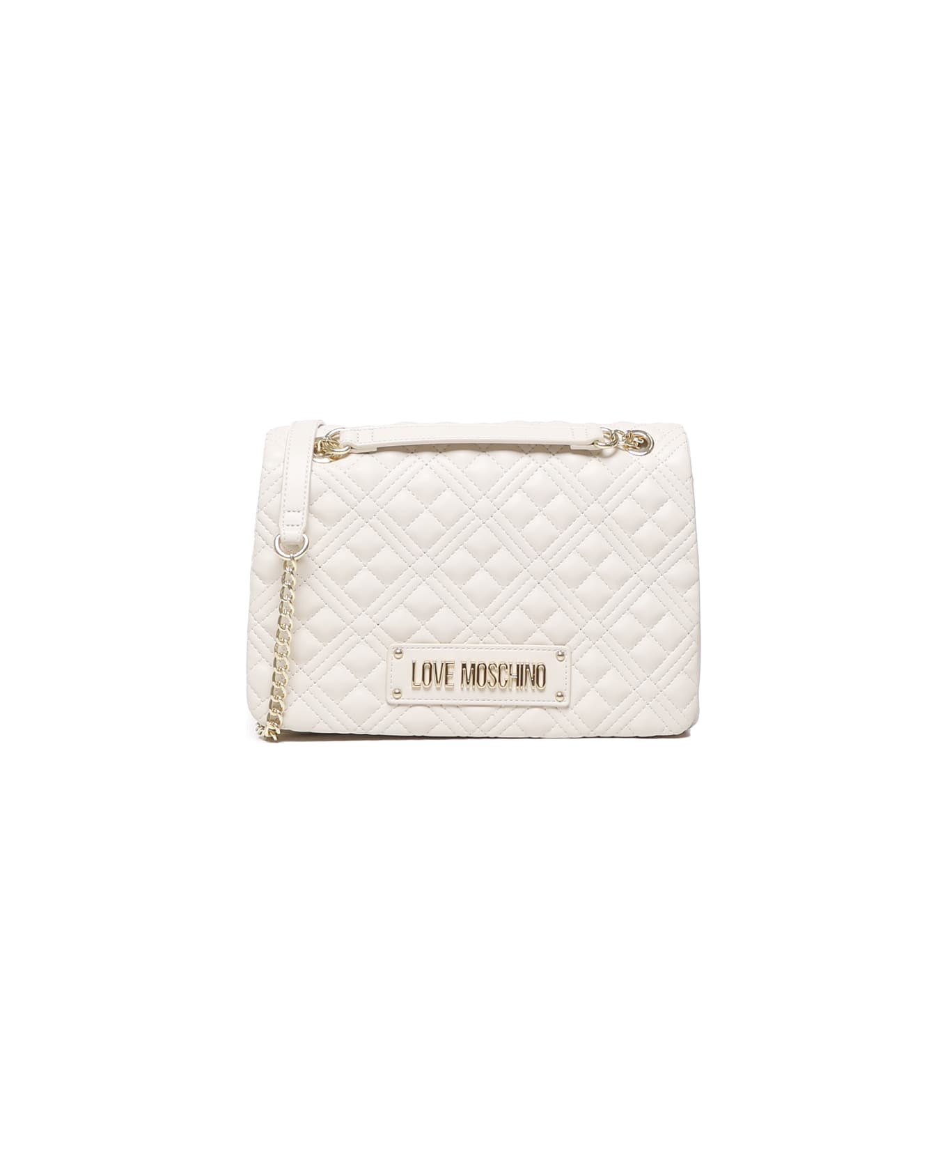 Love Moschino Logo Lettering Chain Linked Shoulder Bag - Ivory