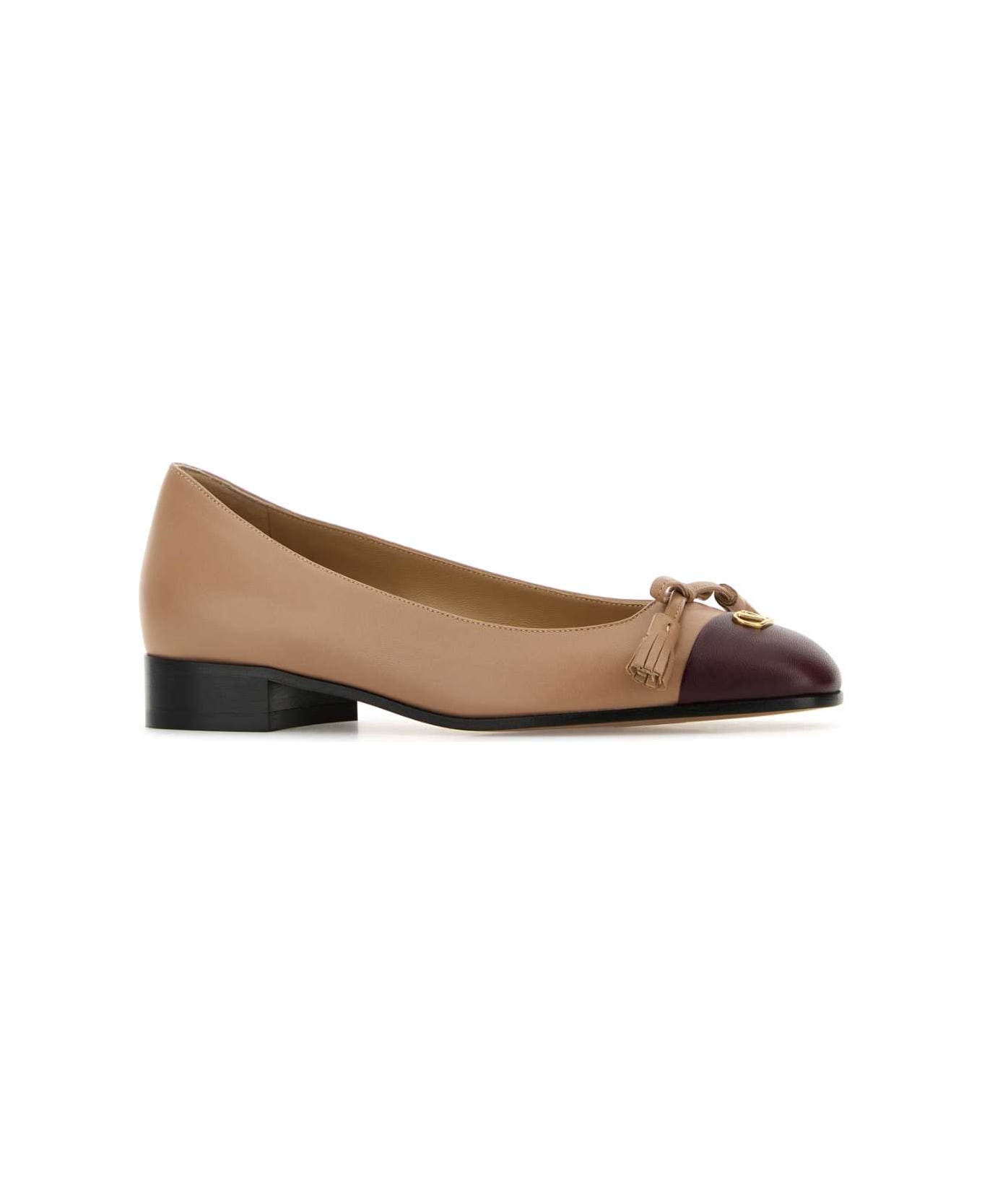 Valentino Garavani Antiqued Pink Leather Vlogo Signature Ballerinas - ROSECANNELLEDARKGARNET
