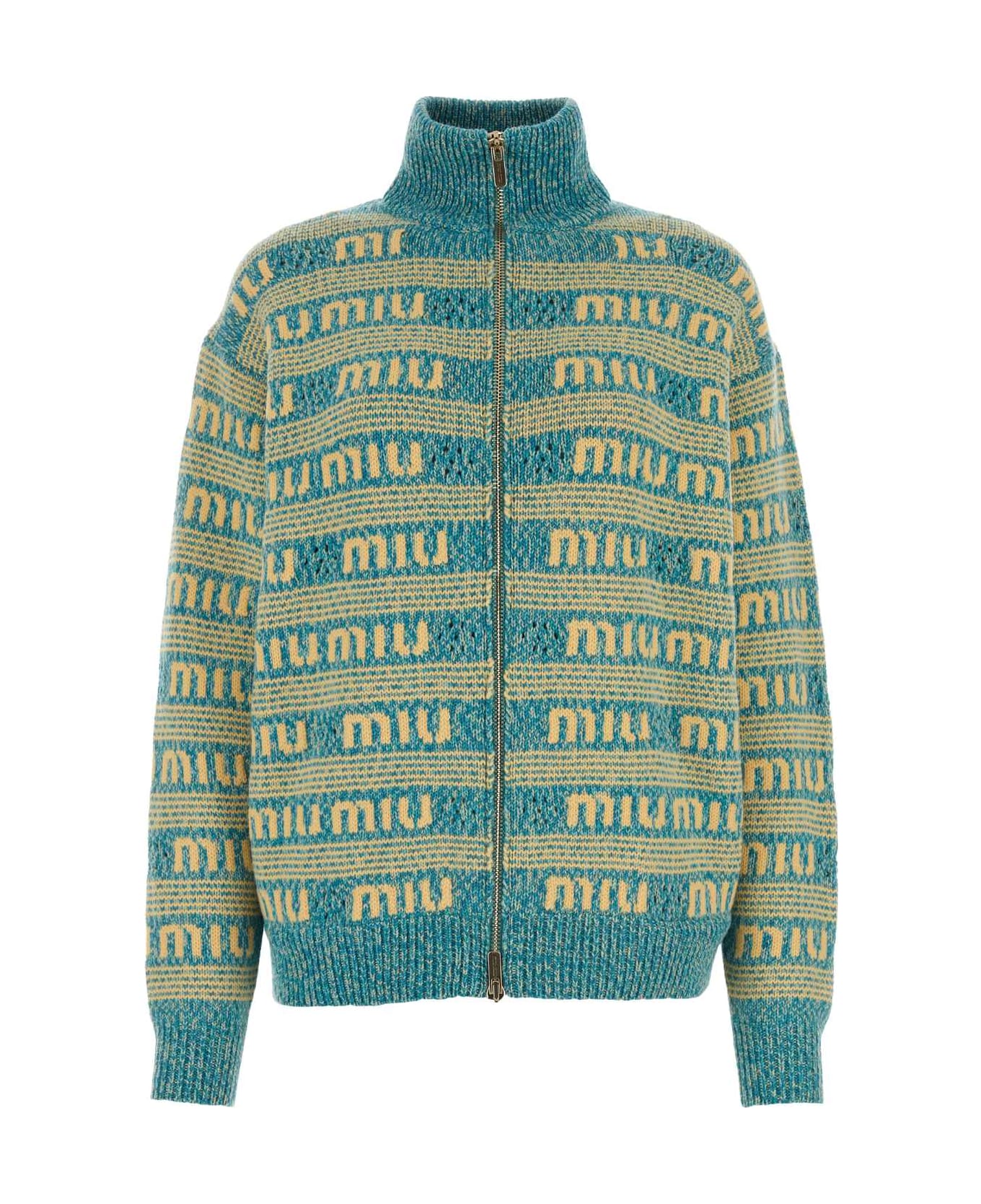 Miu Miu Embroidered Wool Blend Oversize Cardigan - TURCHESE