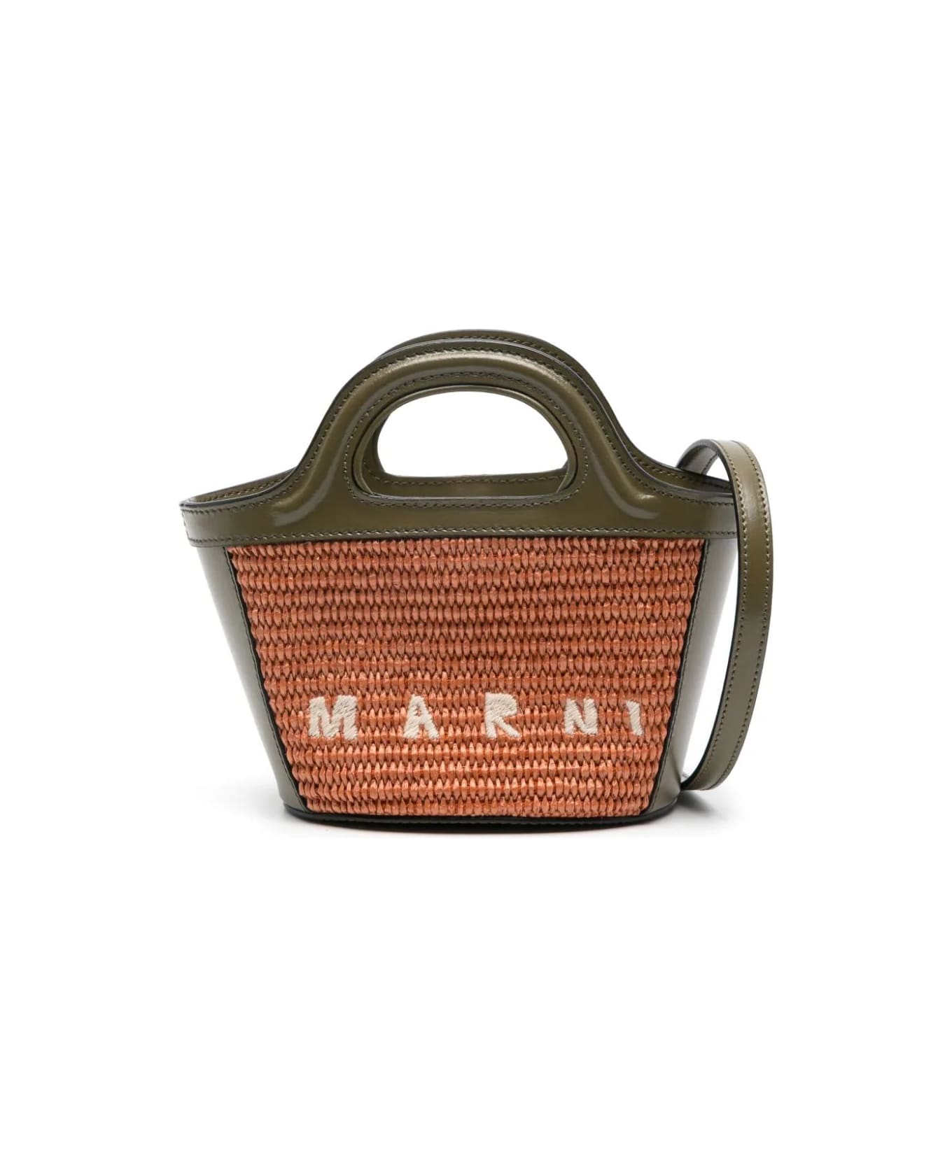 Marni Micro Tropicalia Summer Bag In Khaki Leather And Orange Raffia - Green