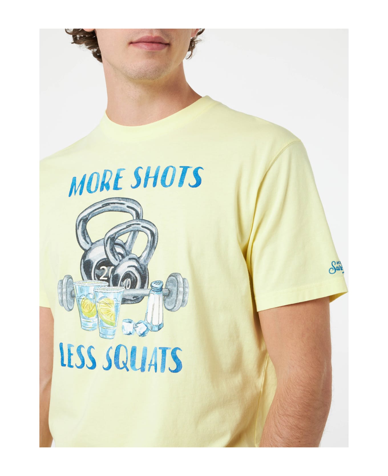 MC2 Saint Barth Man Cotton T-shirt With More Shots Less Squats Placed Print - YELLOW
