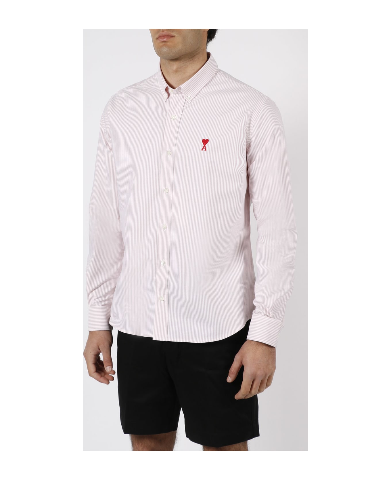 Ami Alexandre Mattiussi Ami De Coeur Striped Shirt - 659 PALE PINK/WHITE