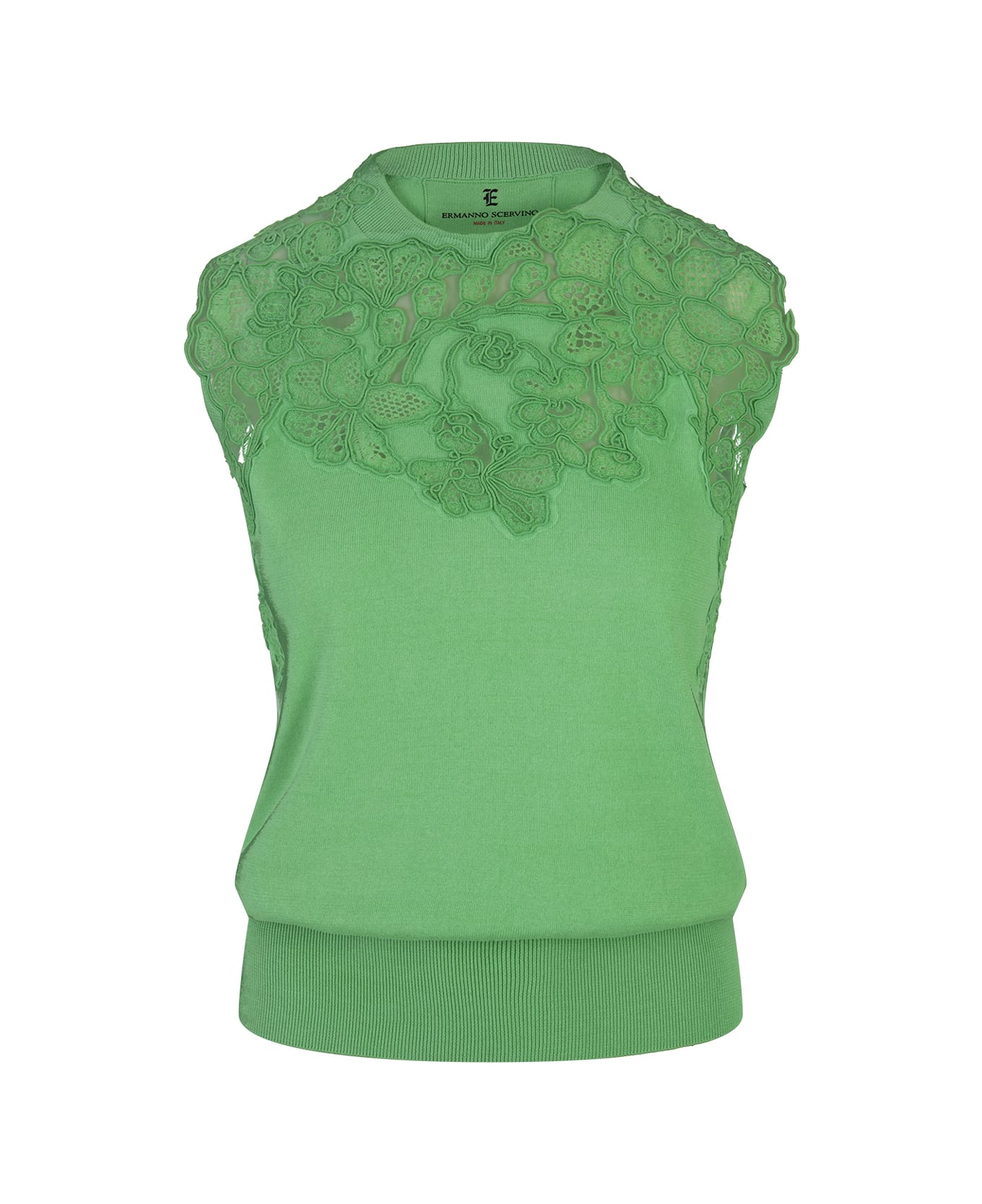 Ermanno Scervino Green Knitted Sleeveless Top With Lace - Green トップス