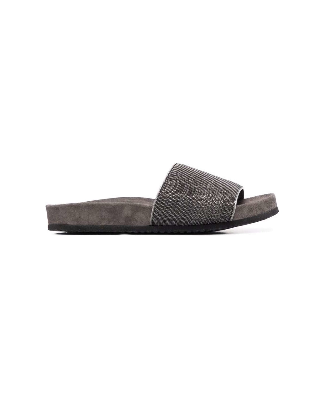 Brunello Cucinelli Grey Suede Slide Sandals With Monile Detail Brunello Cucinelli Woman - Grey