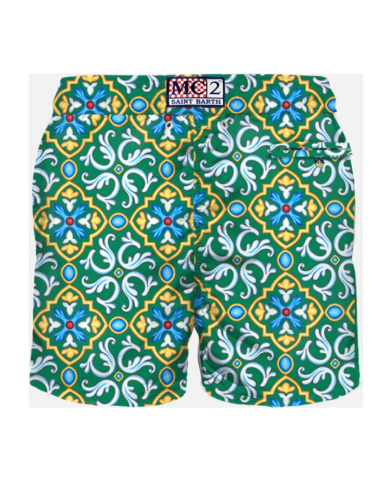 MC2 Saint Barth Man Light Fabric Swim Shorts With Majolica Print - GREEN