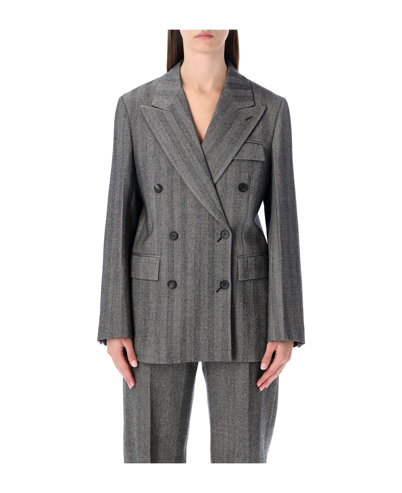 Ferragamo Oversized Double-breasted Chevron Wool Blazer - NERO WHITE