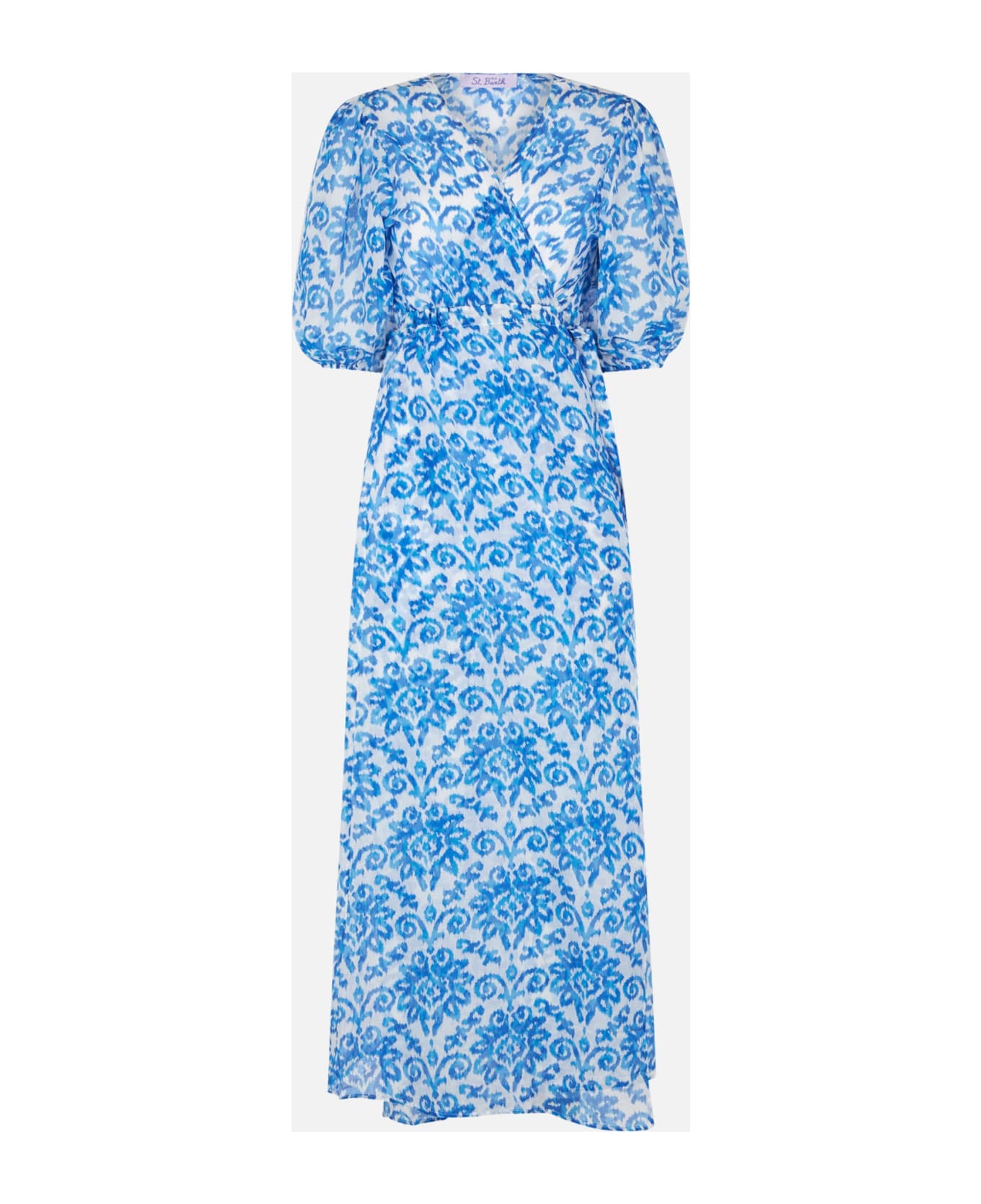 MC2 Saint Barth Cotton And Silk Long Beach Dress Bliss With Ikat Print - BLUE