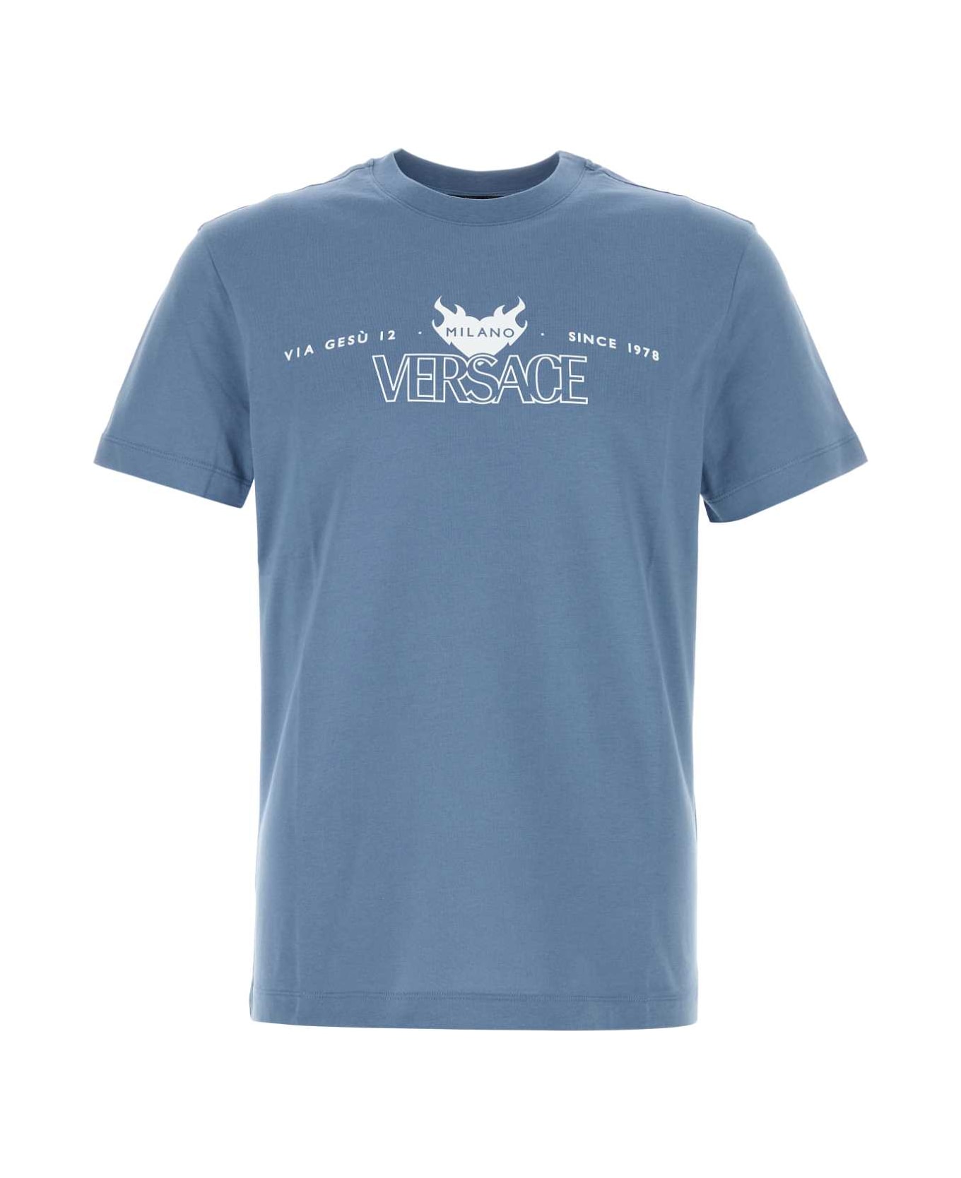 Versace Cerulean Blue Cotton T-shirt - 2VJ30-Stone Blue + P