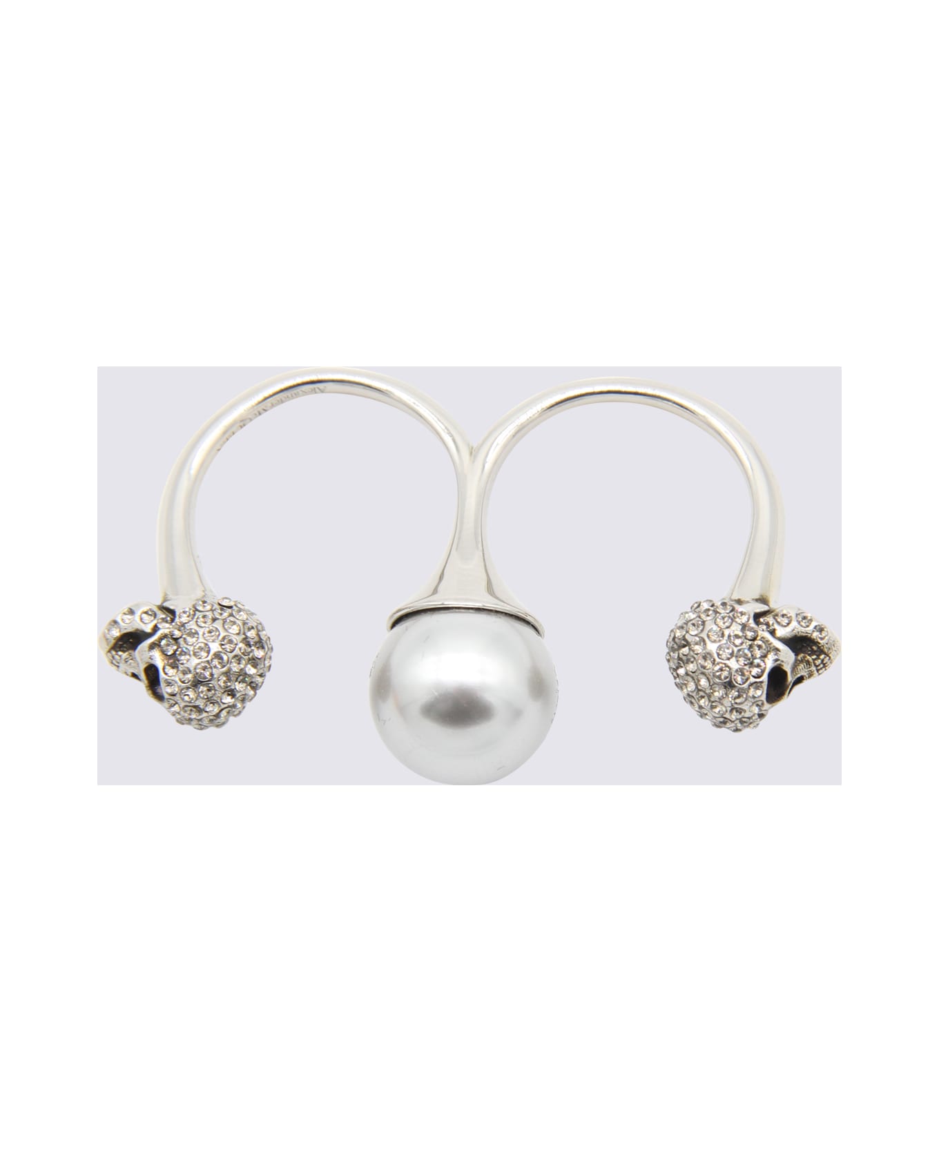 Alexander McQueen Pearl And Brass Skull Double Ring - Silver