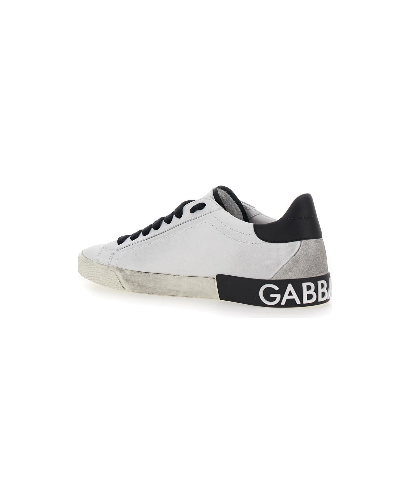 Dolce & Gabbana 'portofino' White And Black Low Top Sneakers With Logo Patch And Used Effect In Leather Man - White
