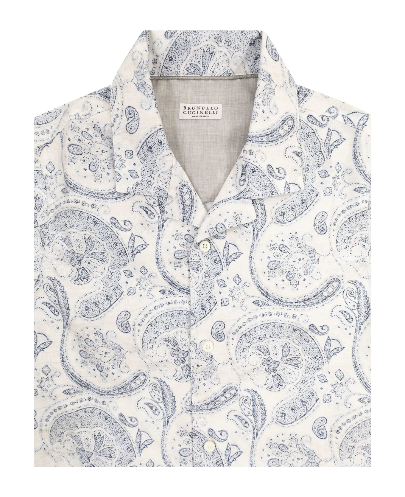Brunello Cucinelli Paisley Print Linen Short-sleeved Shirt With Camp Collar - White/blue