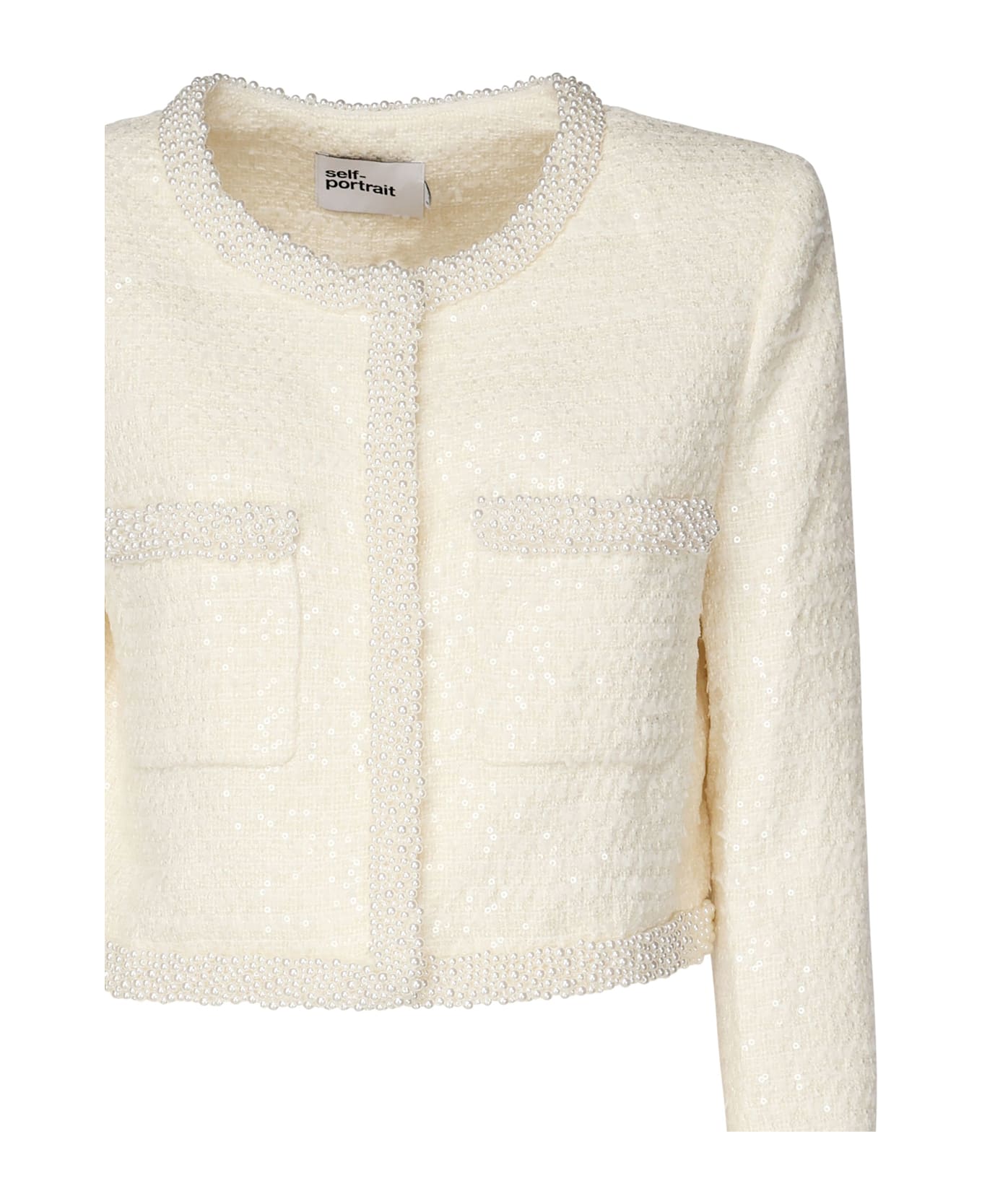 self-portrait Self Portrait Tweed Jacket With Shimmering Appliqués - White