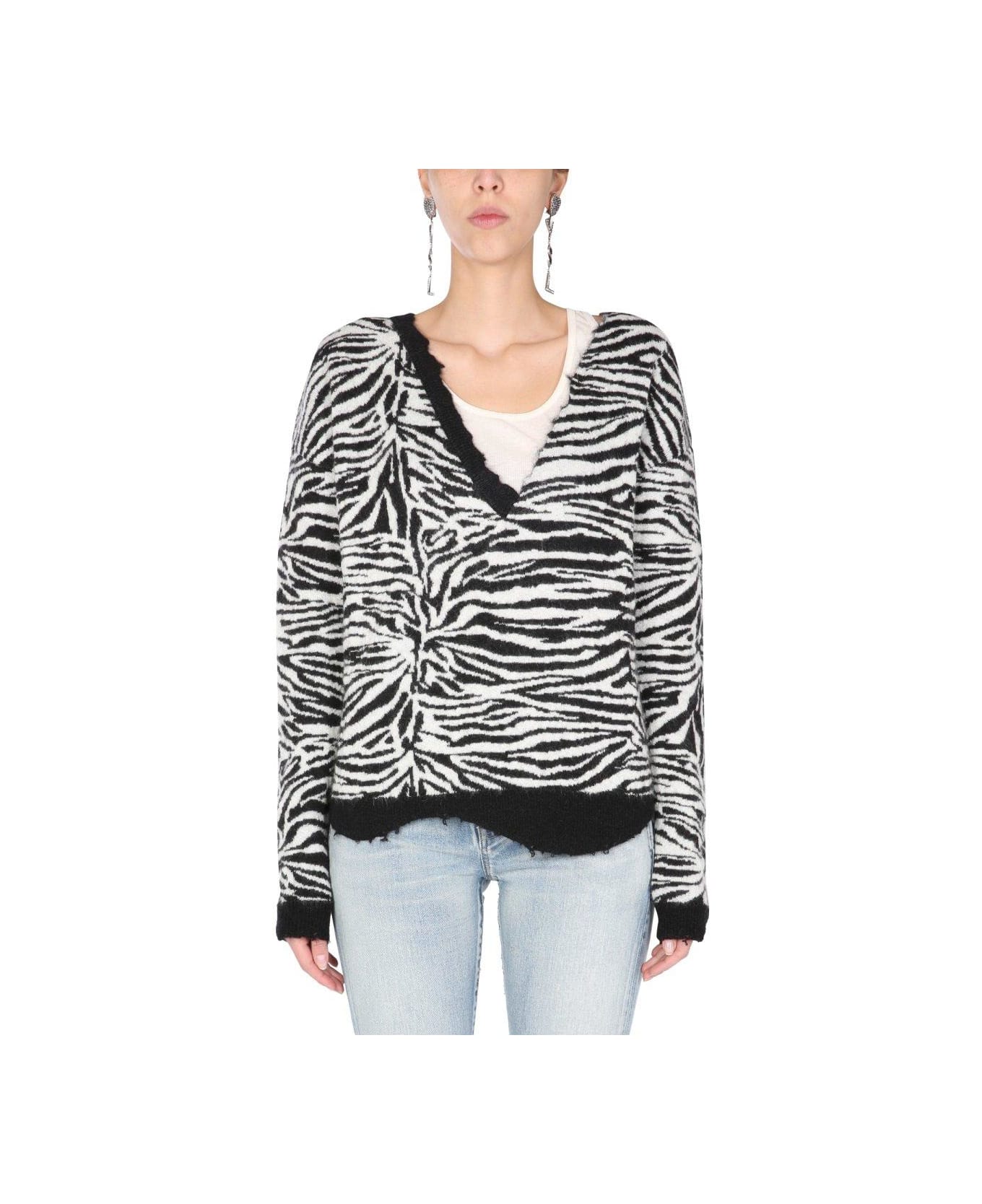 Saint Laurent Zebra Patterned V-neck Sweater - MULTICOLOUR
