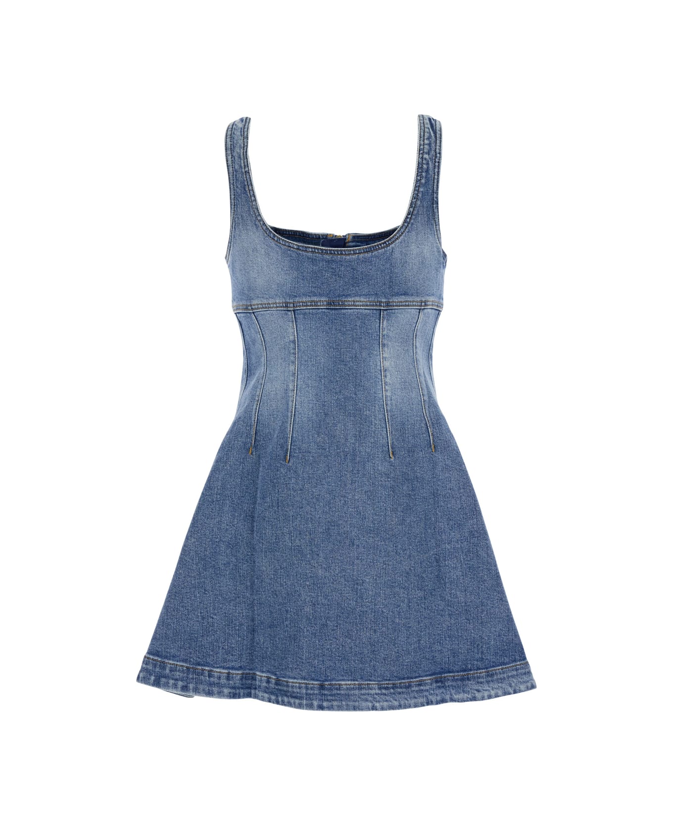 self-portrait Blue Dress With Zip Closure On The Front And Embroidered Logo In Denim Woman - Blu