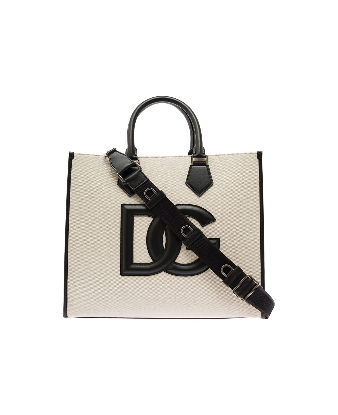 Dolce & Gabbana Man's Black And White Cotton Shopper Bag With  Embossed Logo - White