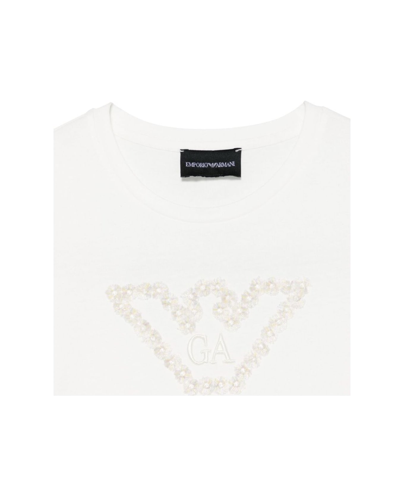Emporio Armani White Crewneck T-shirt With Logo Embroidery On The Front In Cotton Girl - White