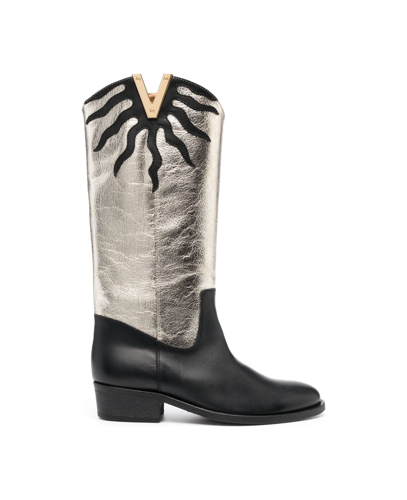 Via Roma 15 Black And Metallic High Boots In Leather Woman - Metallic