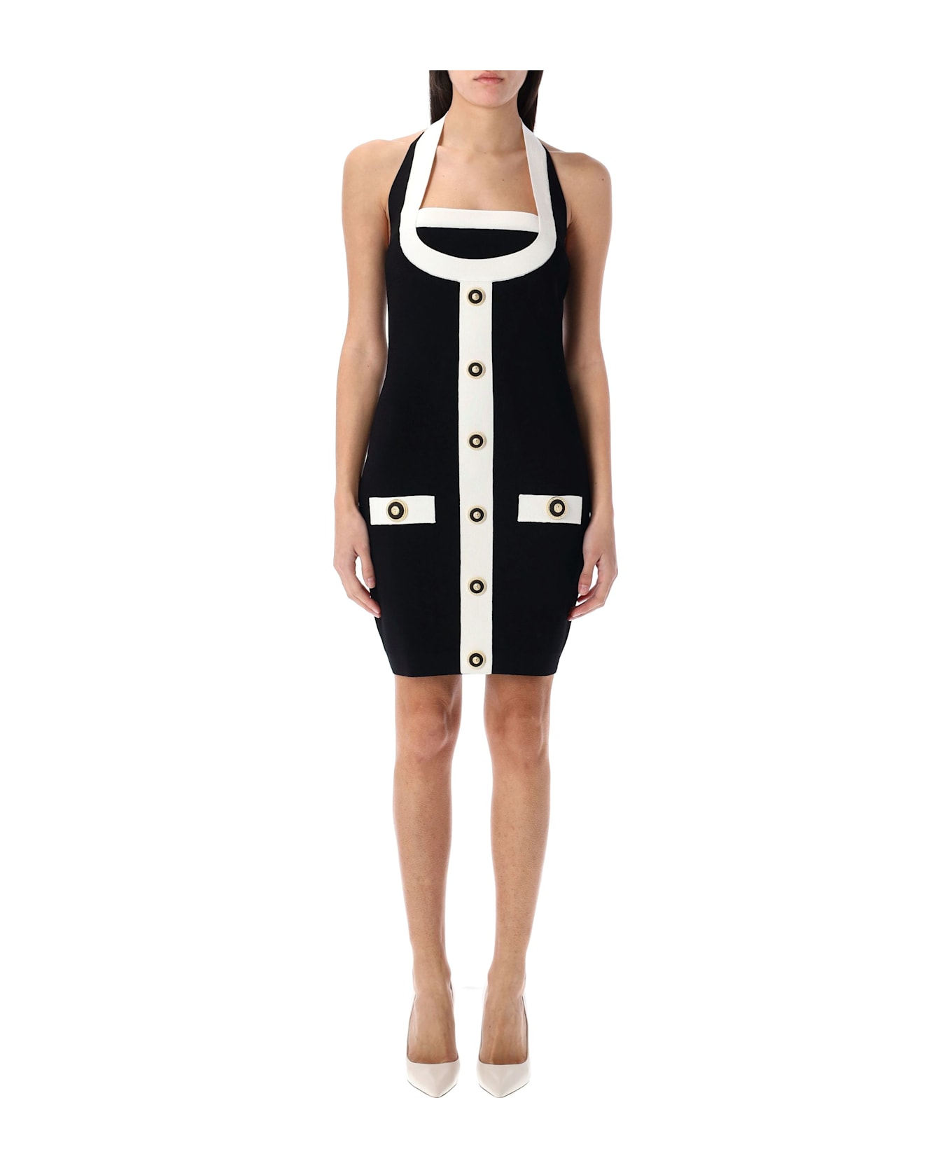 Balmain Two-tone Halterneck Knit Mini Dress - BLACK WHITE
