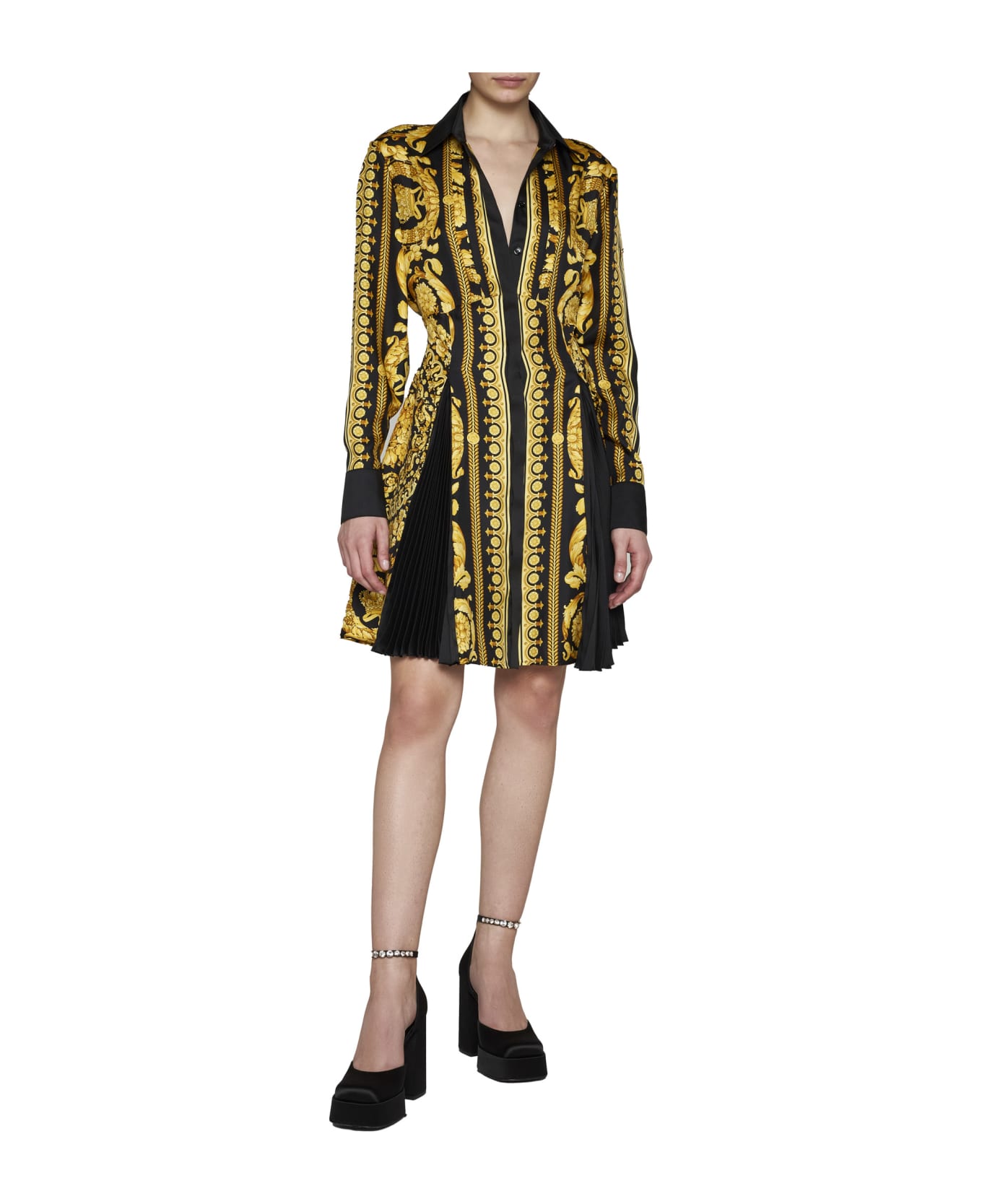 Versace Barocco Silk Midi Chemisier - Black gold ワンピース＆ドレス