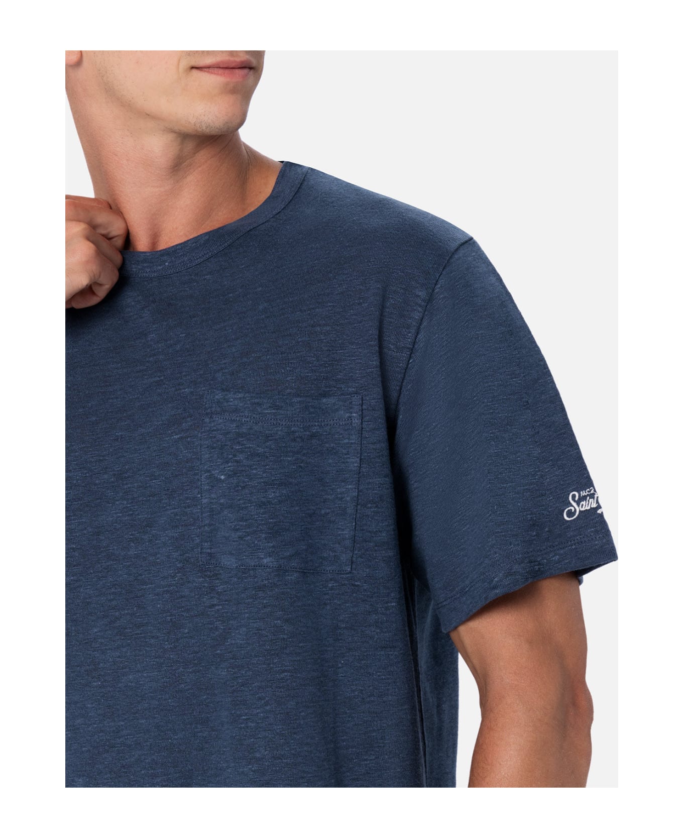 MC2 Saint Barth Man Navy Blue Linen Jersey T-shirt Ecstasea With Pocket - BLUE