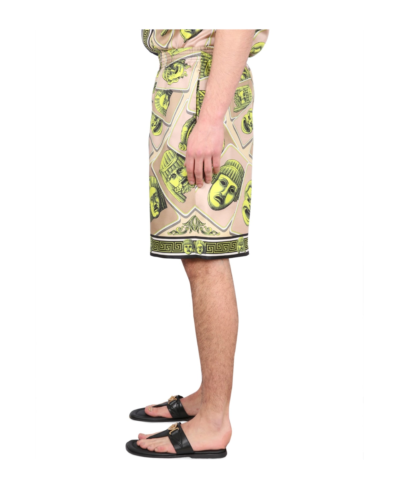 Versace Twill Silk Shorts Masks Print Detail - Acid Green Moonstruck