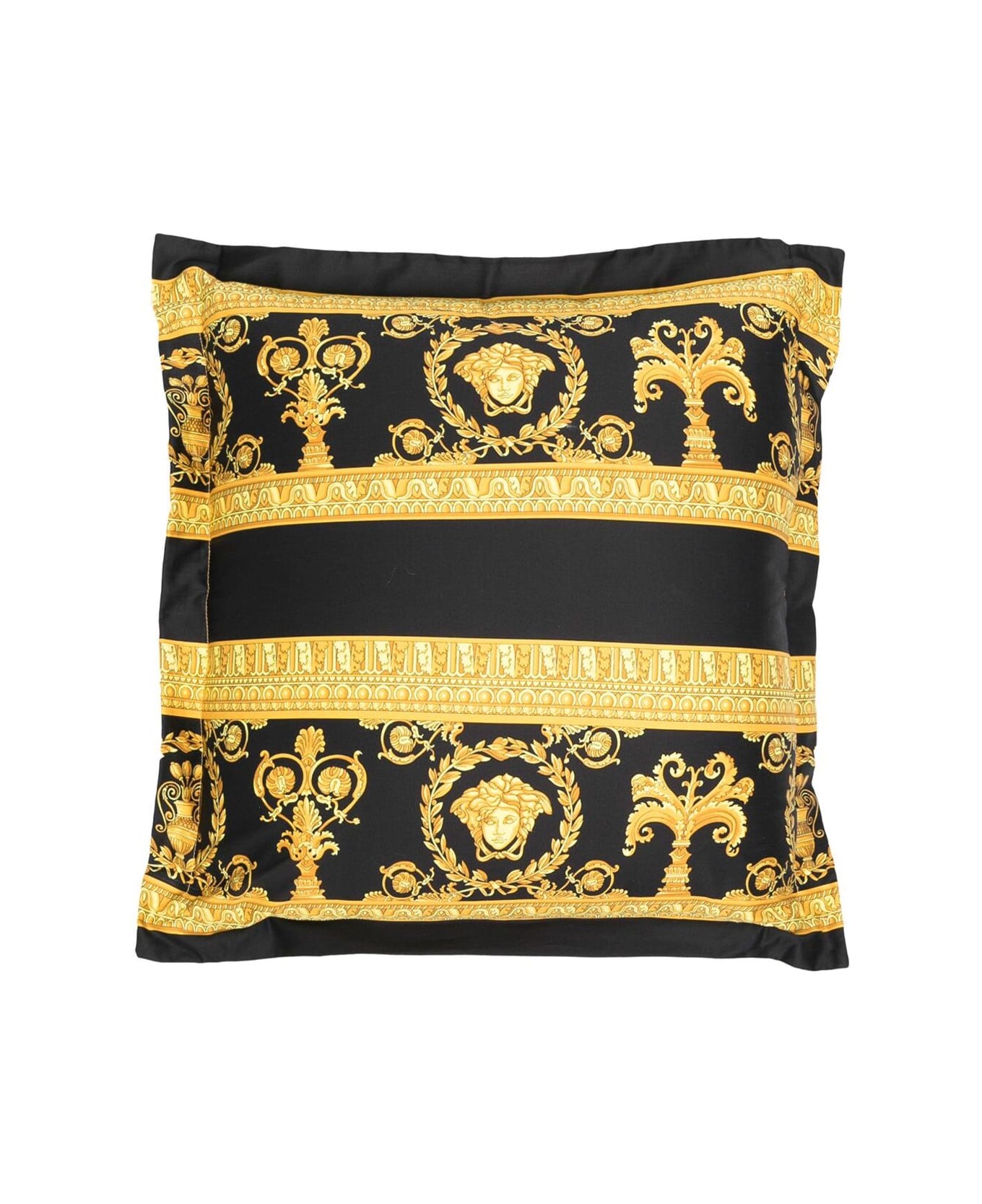 Versace Gold And Black Pillow In Cotton With Baroque Print - White