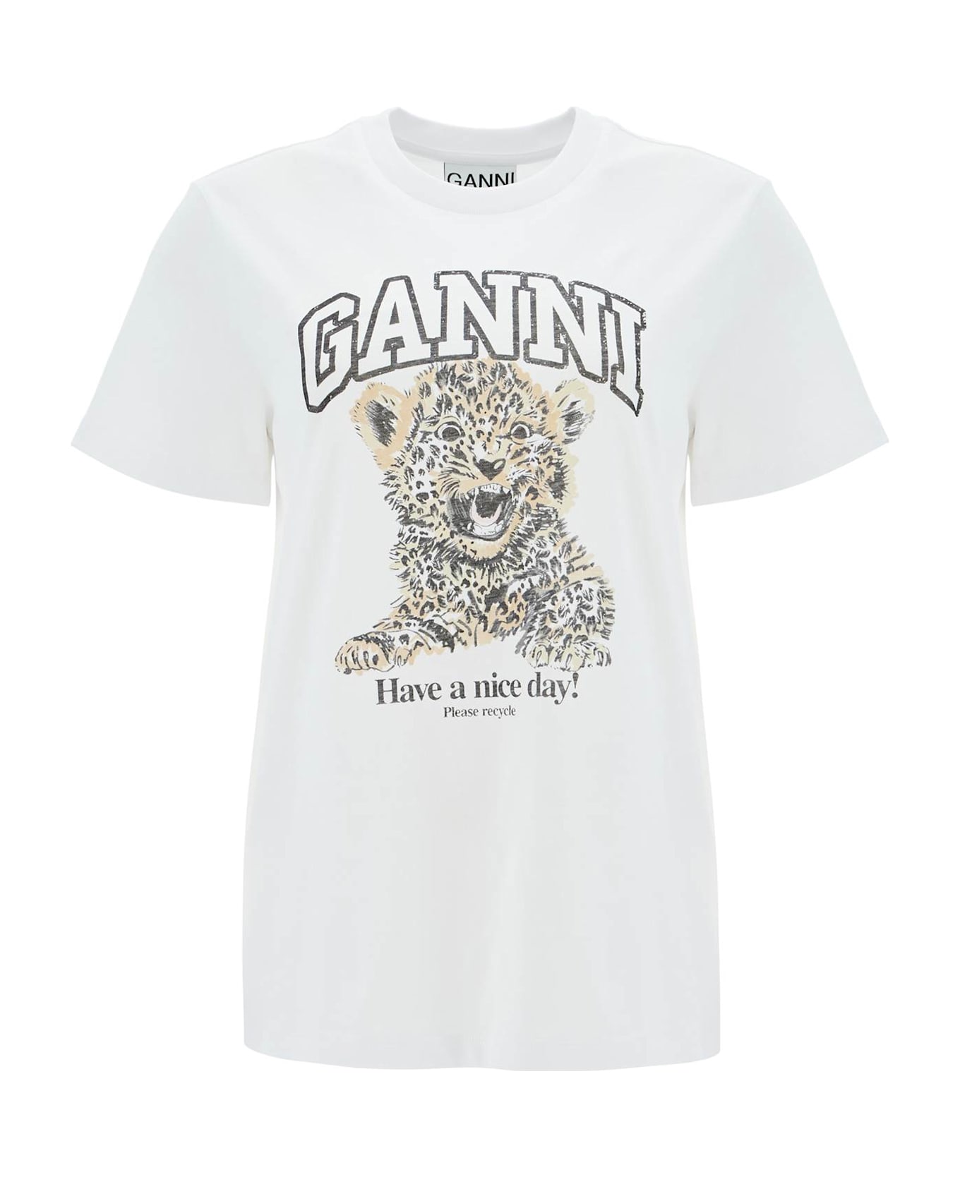 Ganni 
leopard
 White Cotton T-shirt - Leopard Tシャツ