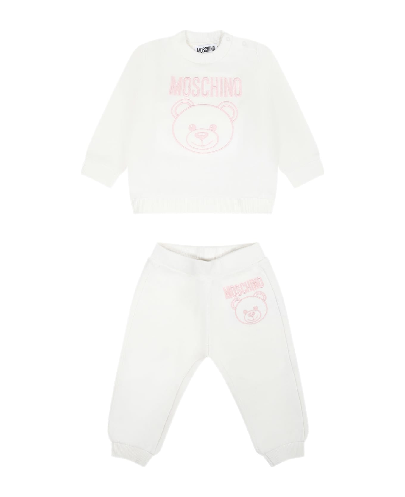 Moschino White Set For Baby Girl With Teddy Bear And Logo - White ボトムス