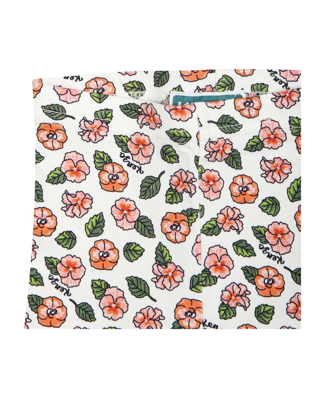 Kenzo Kids White Leggings For Baby Girl With Floral Print - White ボトムス